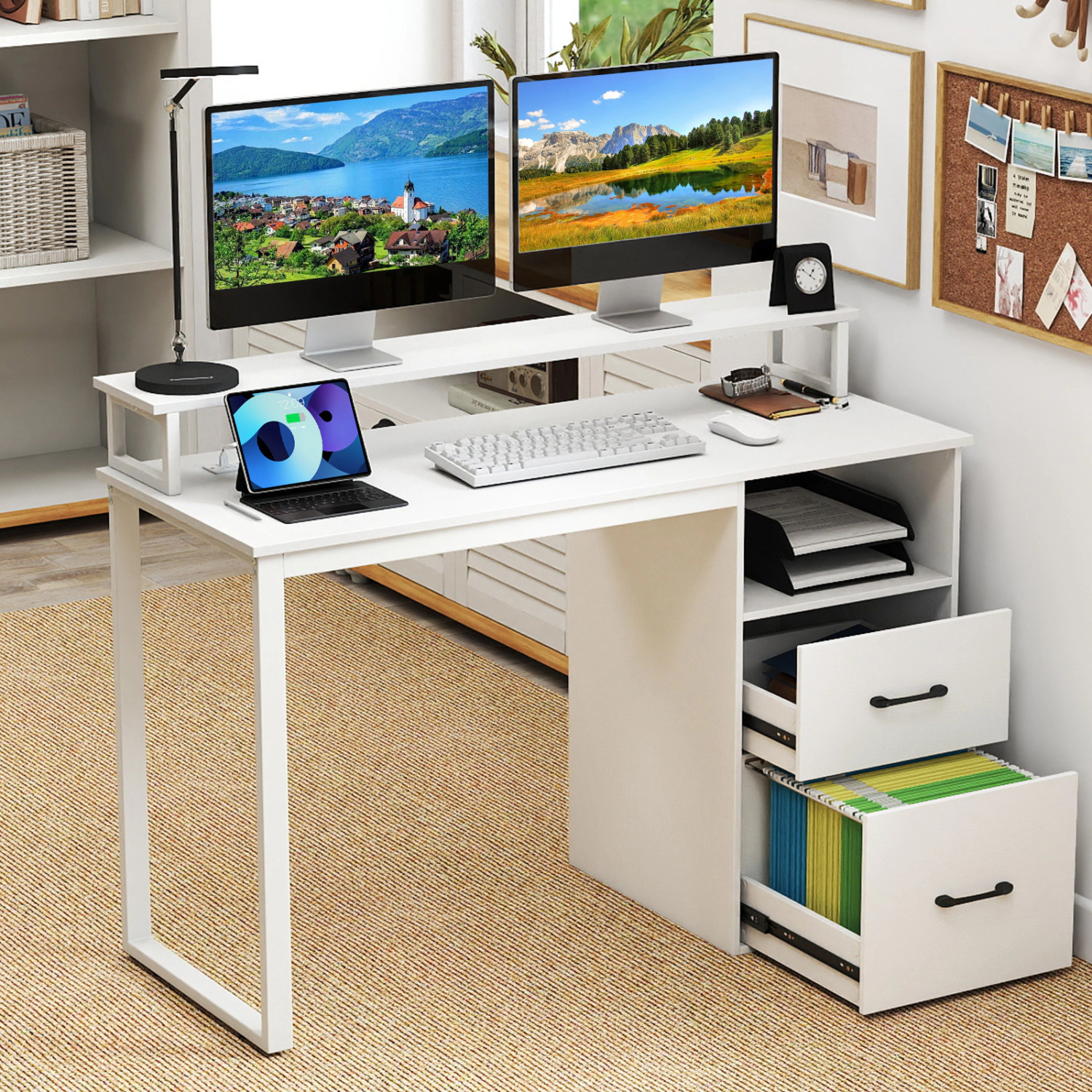 LJG Modern Computer Desk with Power Outlets and File Drawer