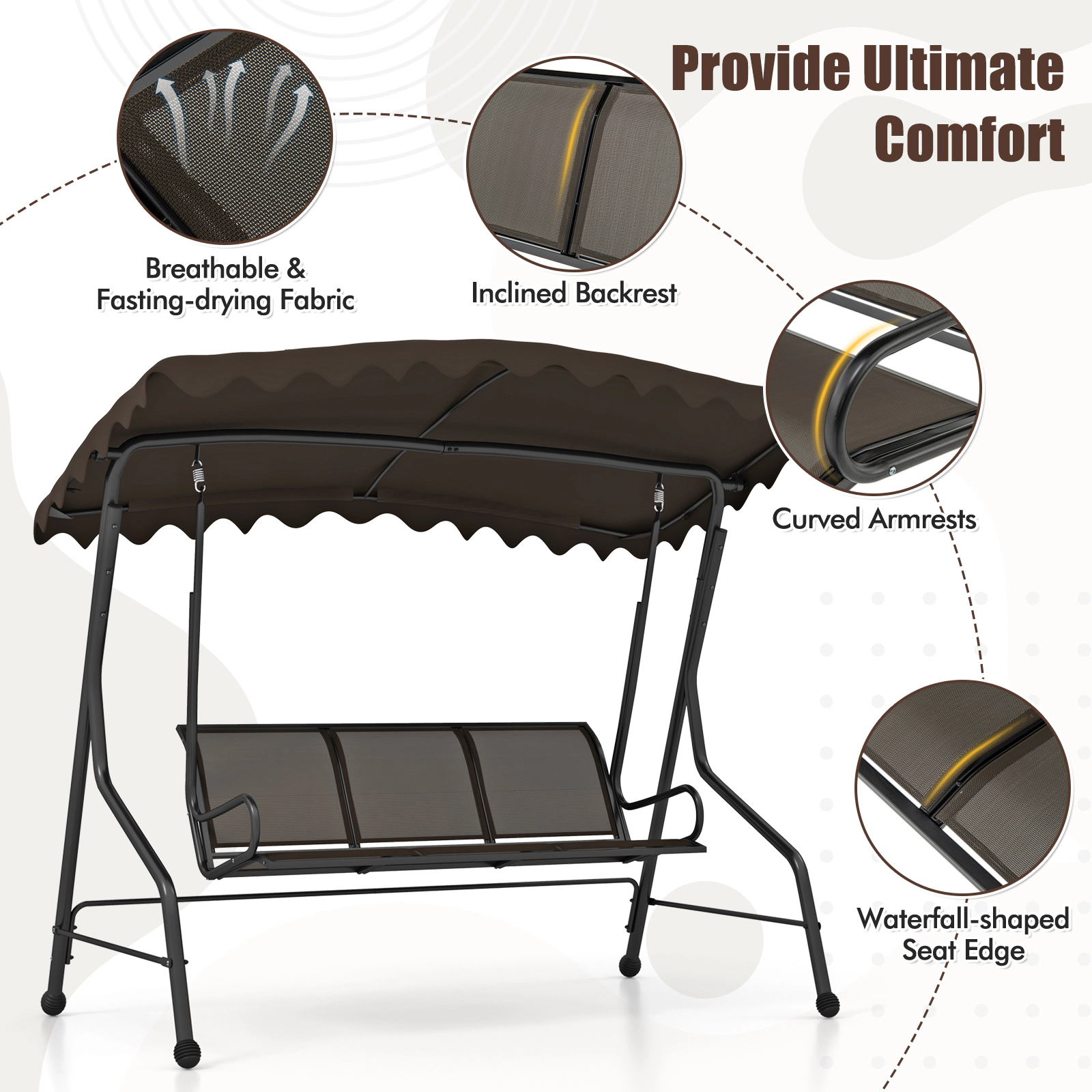 SUGIFT Brown 3-Seat Outdoor Porch Swing with Canopy, 1000-Lb Capacity