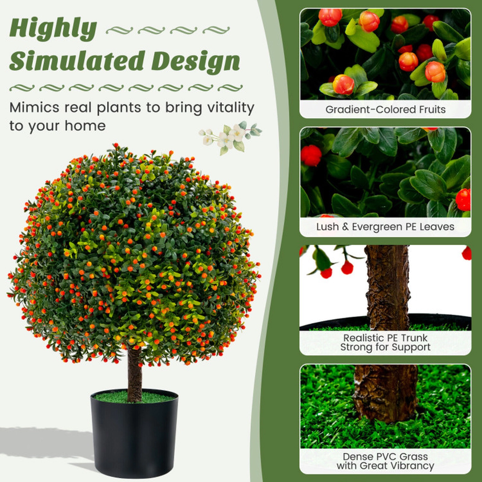 SUGIFT 2-Pack Artificial Boxwood Topiary Ball Tree with Orange Fruit 15-in Boxwood Ball 6-in Flowerpot Green Orange