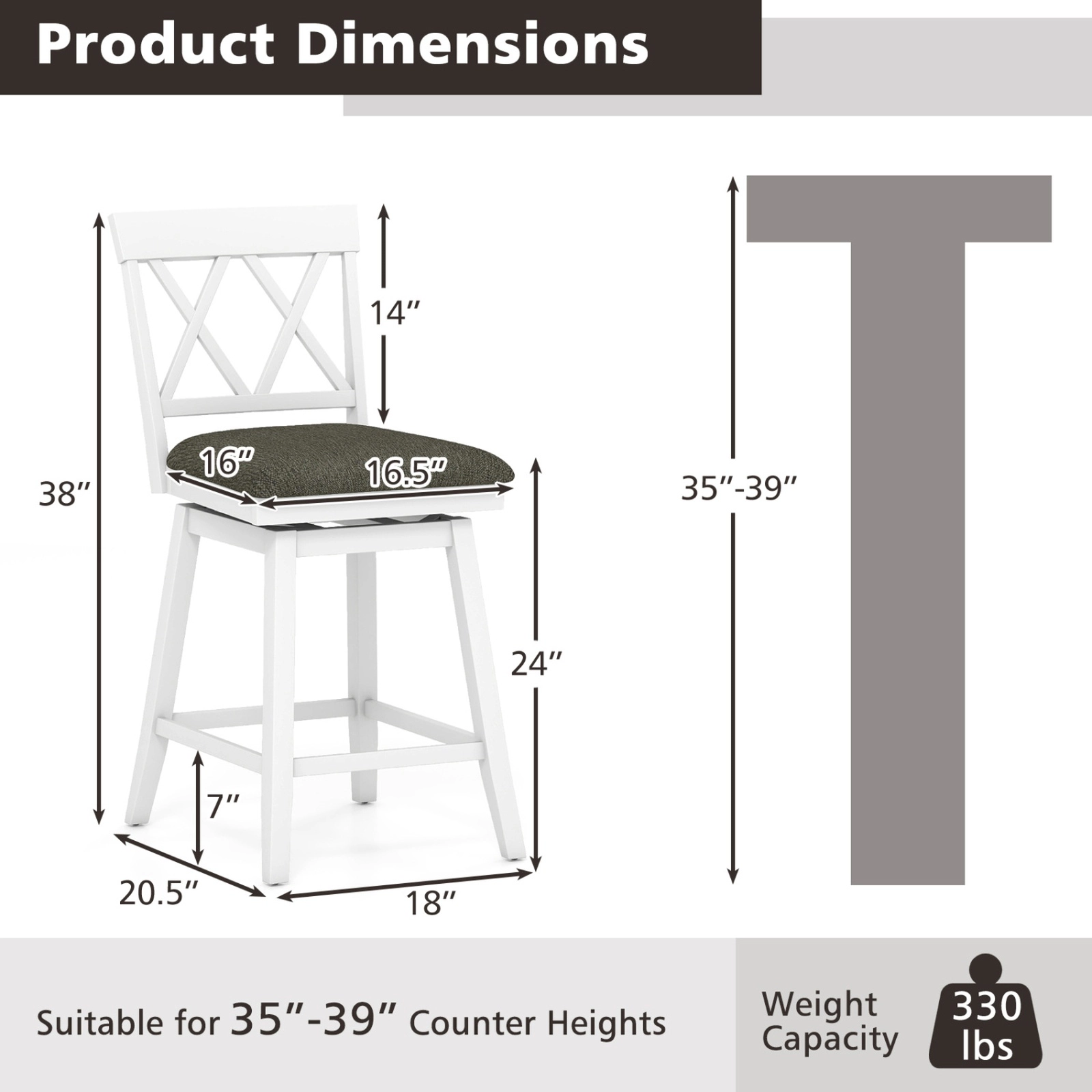 SUGIFT Set of 2 24-Inch Counter-Height Swivel Stools, Linen Cushions, Oak-Finish Frame