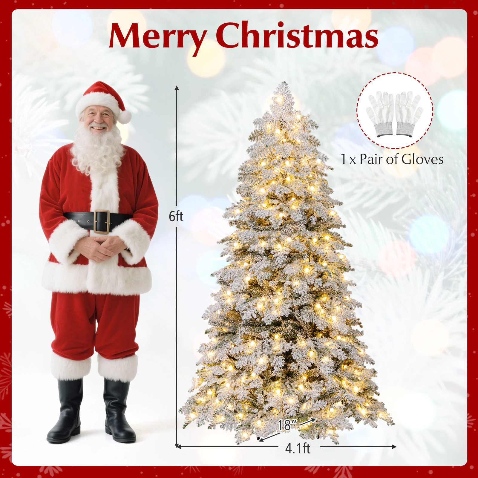 SUGIFT 6 ft Snow Flocked Pre-Lit Christmas Tree with 130 Twinkle Balls and 260 LED Lights