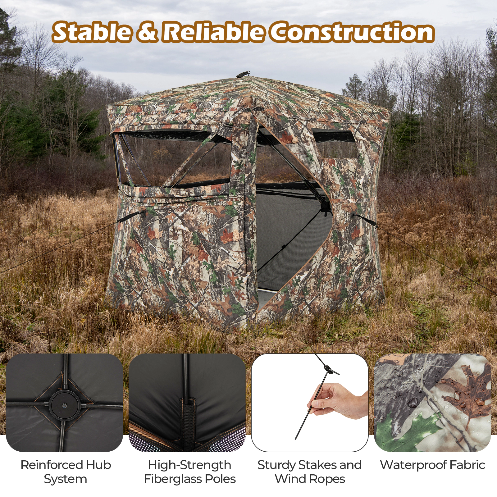 SUGIFT Camouflage 58-in Convertible Ground Blind with Full-Open Side Panel and 3 Silent Sliding Windows