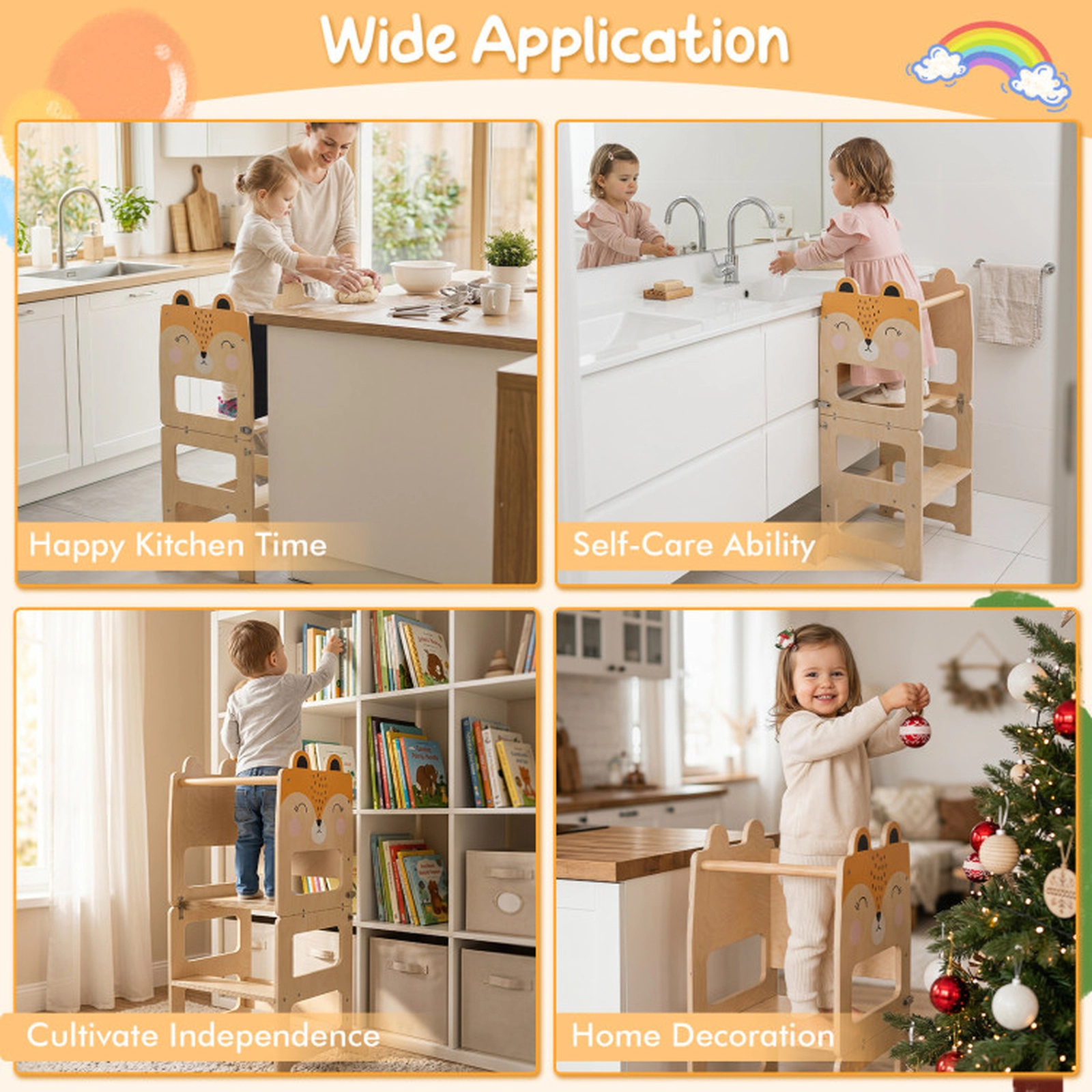 SUGIFT 3-in-1 Wooden Kids Toddler Kitchen Step Stool with Blackboard & Table Set 110-lb Capacity Ages 18+ Months Orange