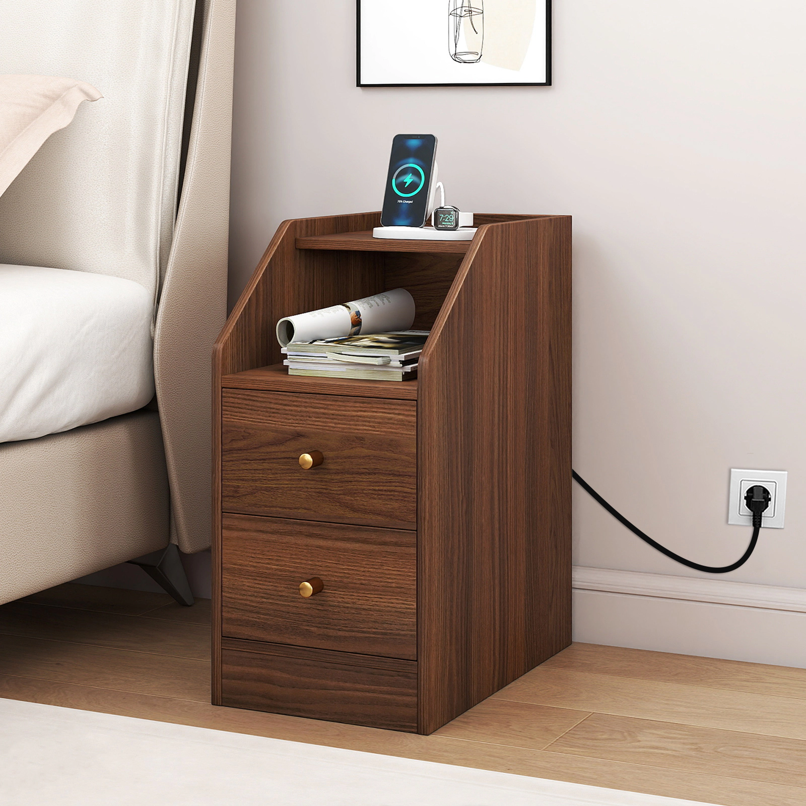 LJG Side End Table with Charging Station Sofa Couch Table with Shelf Drawers