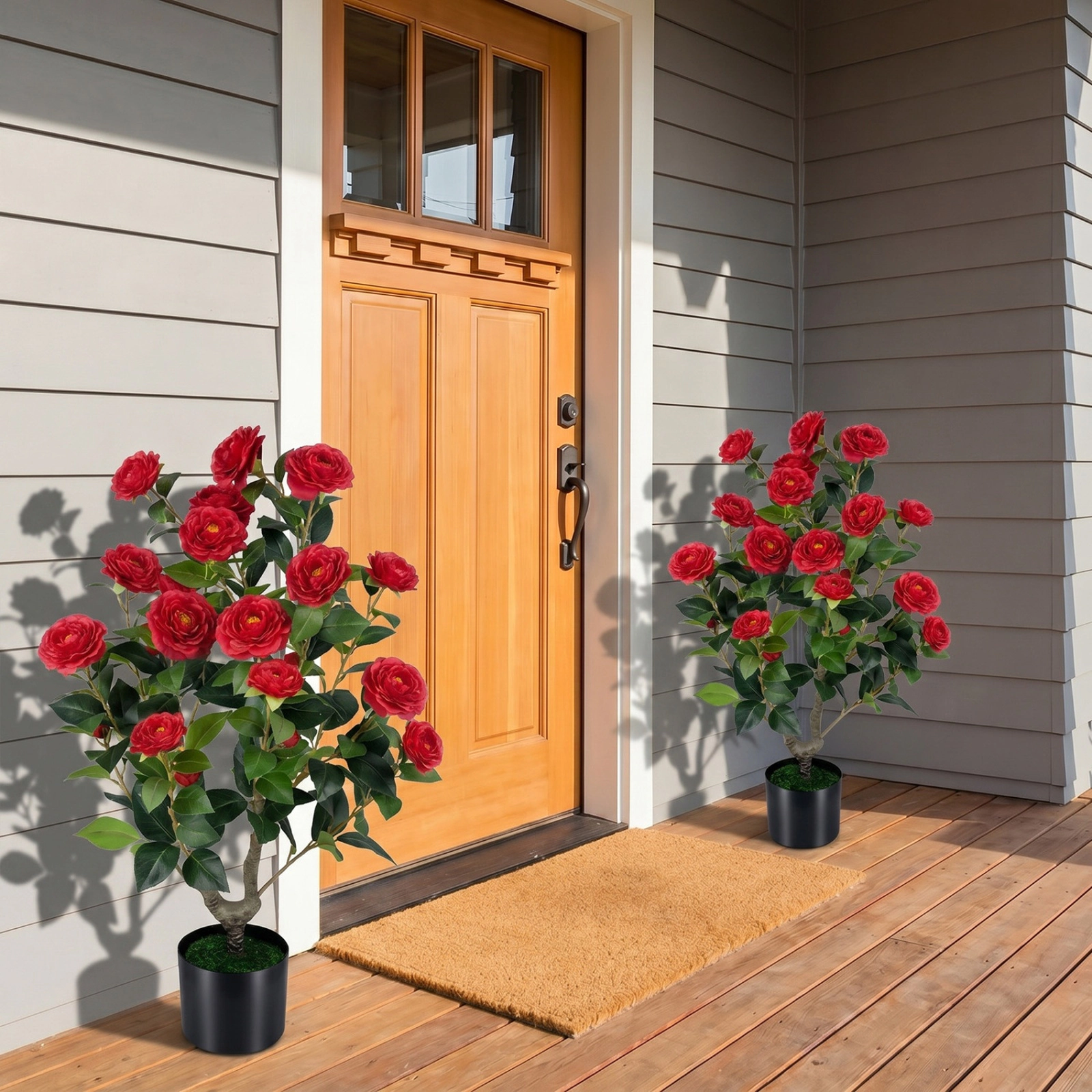 SUGIFT 2-Pack Artificial Camellia Tree Faux Flower Plant in Cement-Filled Pot 35.5-in Tall PE Trunk with Grass Red