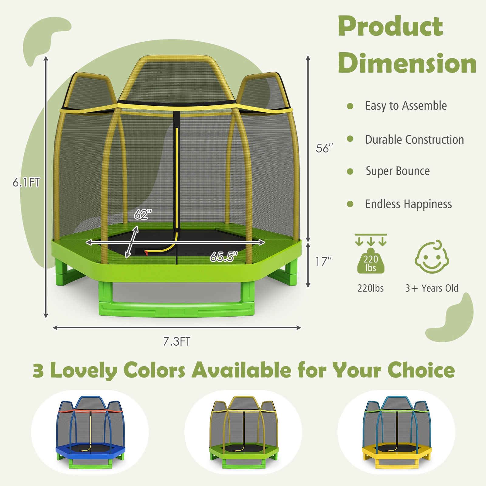 SUGIFT 7.3-ft Kids Recreational Bounce Jumper Trampoline with Enclosure Net 150-lb Capacity Ages 3+ Green