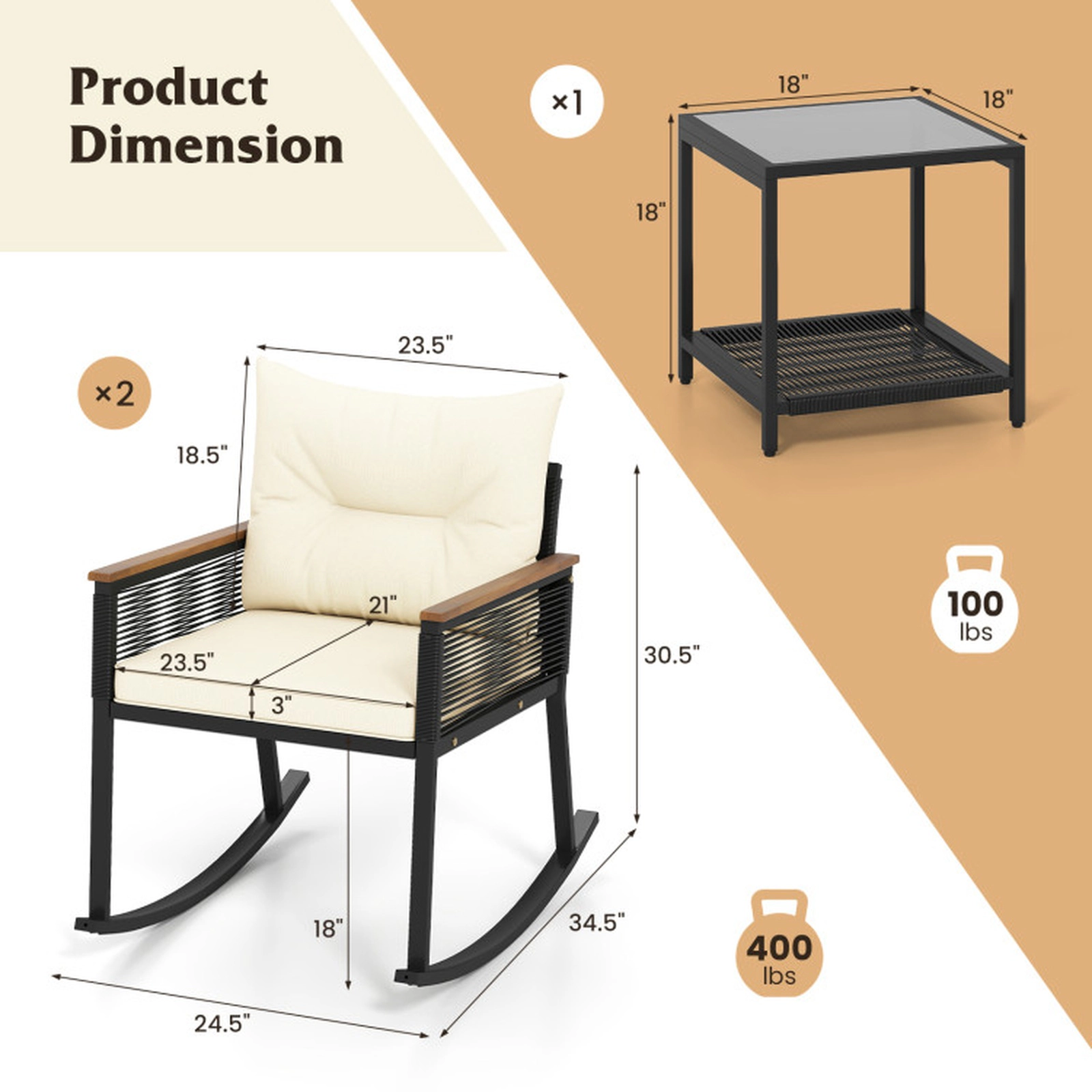 SUGIFT Rocking Bistro Conversation Set with 2-Tier Coffee Table 400-lb Chair Capacity Black Rattan Beige Cushions