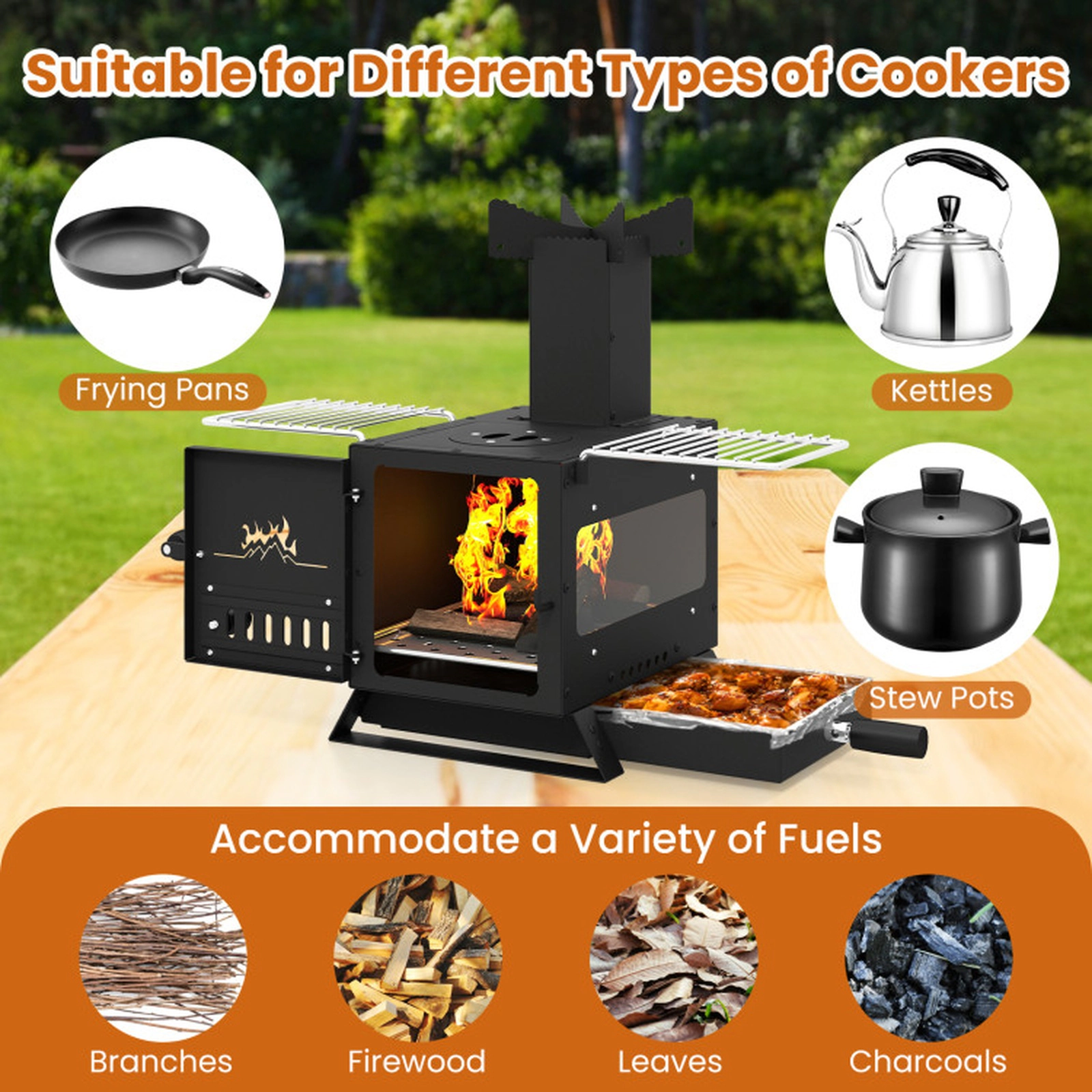 SUGIFT Portable Wood Burning Stove Mini Heater Burner with Pot Rack and Oven Pan 21.5-in Wide Black