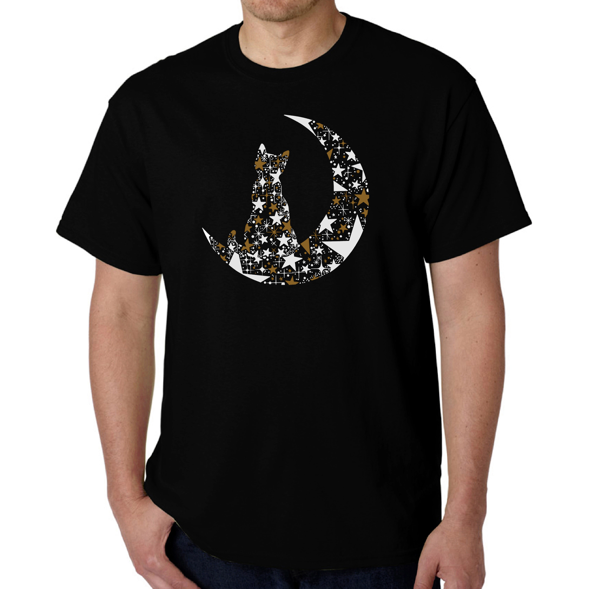 LA Pop Art Men's Cat on Moon Crew Neck T-Shirt