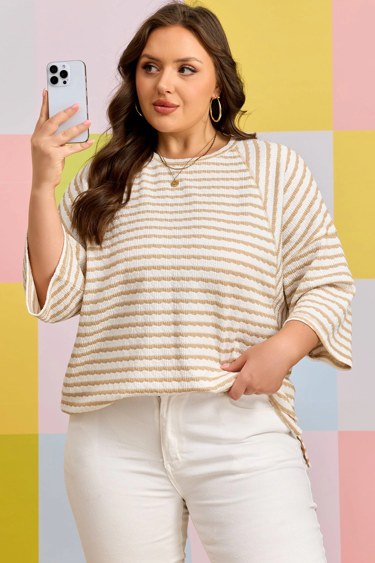 Threaded Pear Womens Liv Detail Half Sleeve PLUS Top - Apricot Stripe