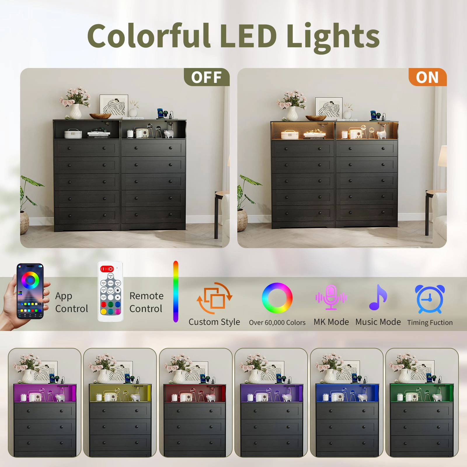 53.1" Tall 5 Drawer Dresser with LED Shelf & Charging Station, Wood Storage Chest