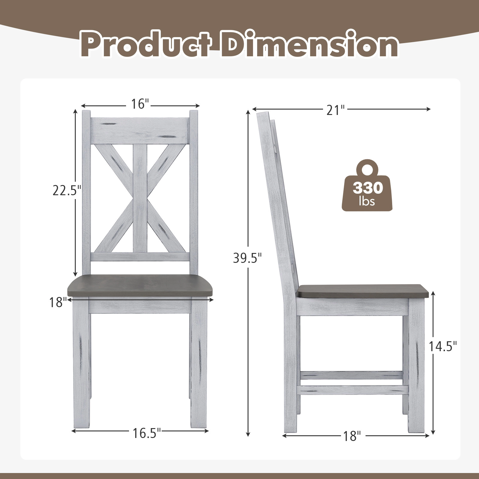 SUGIFT Farmhouse Rubber Wood Dining Chair Set of 2 with Hollowed Backrest 330-lb Capacity White Gray