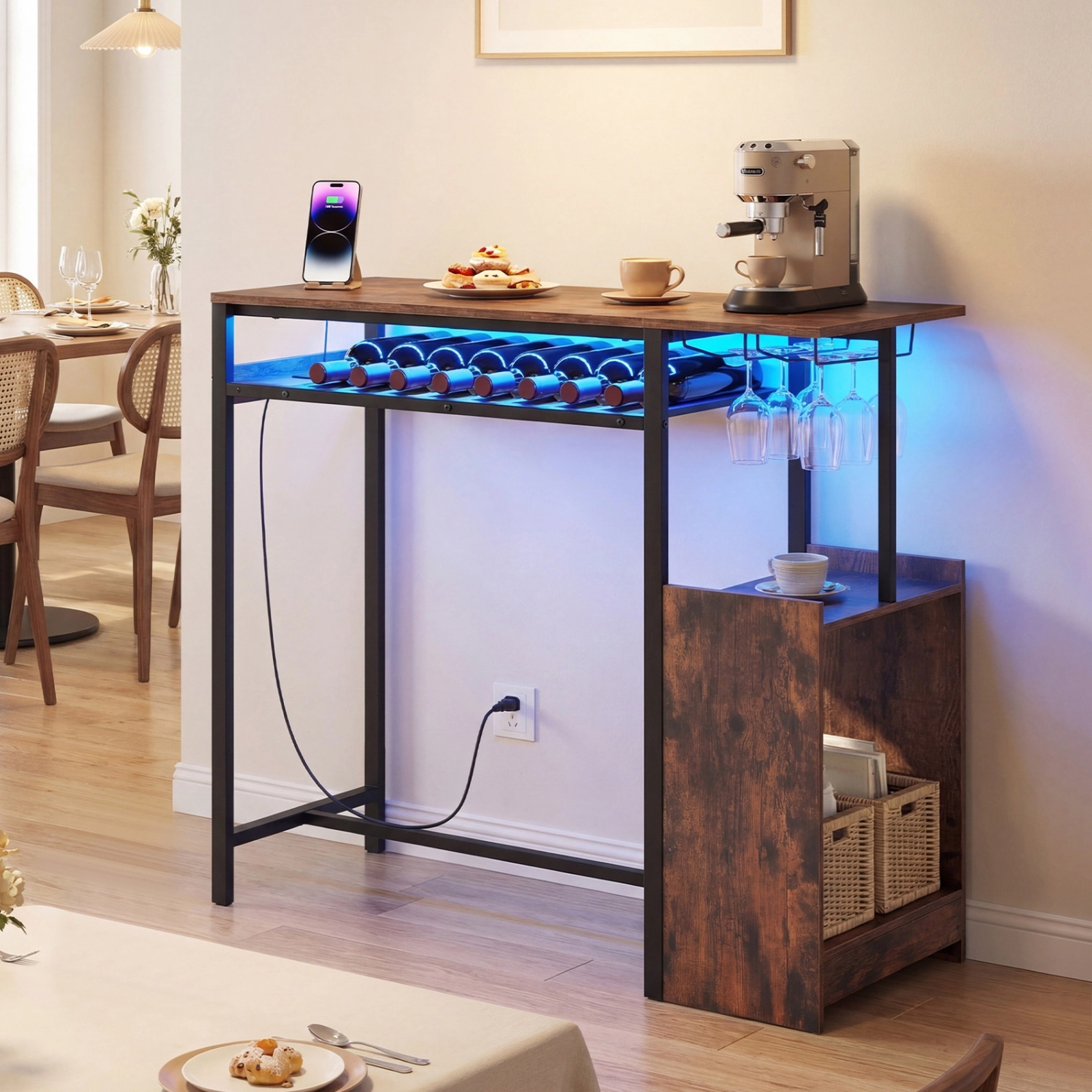 SUGIFT 43-In Counter-Height Pub Table, Rustic Brown, RGB LED Light, Charging Station and Wine Rack