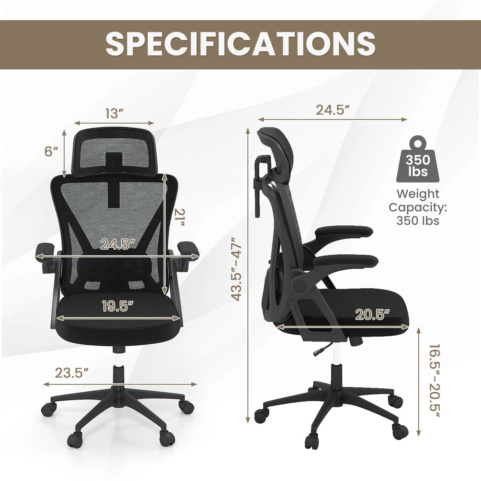 SlickBlue Black Office Chair with Lumbar Support Adjustable Headrest and Armrests
