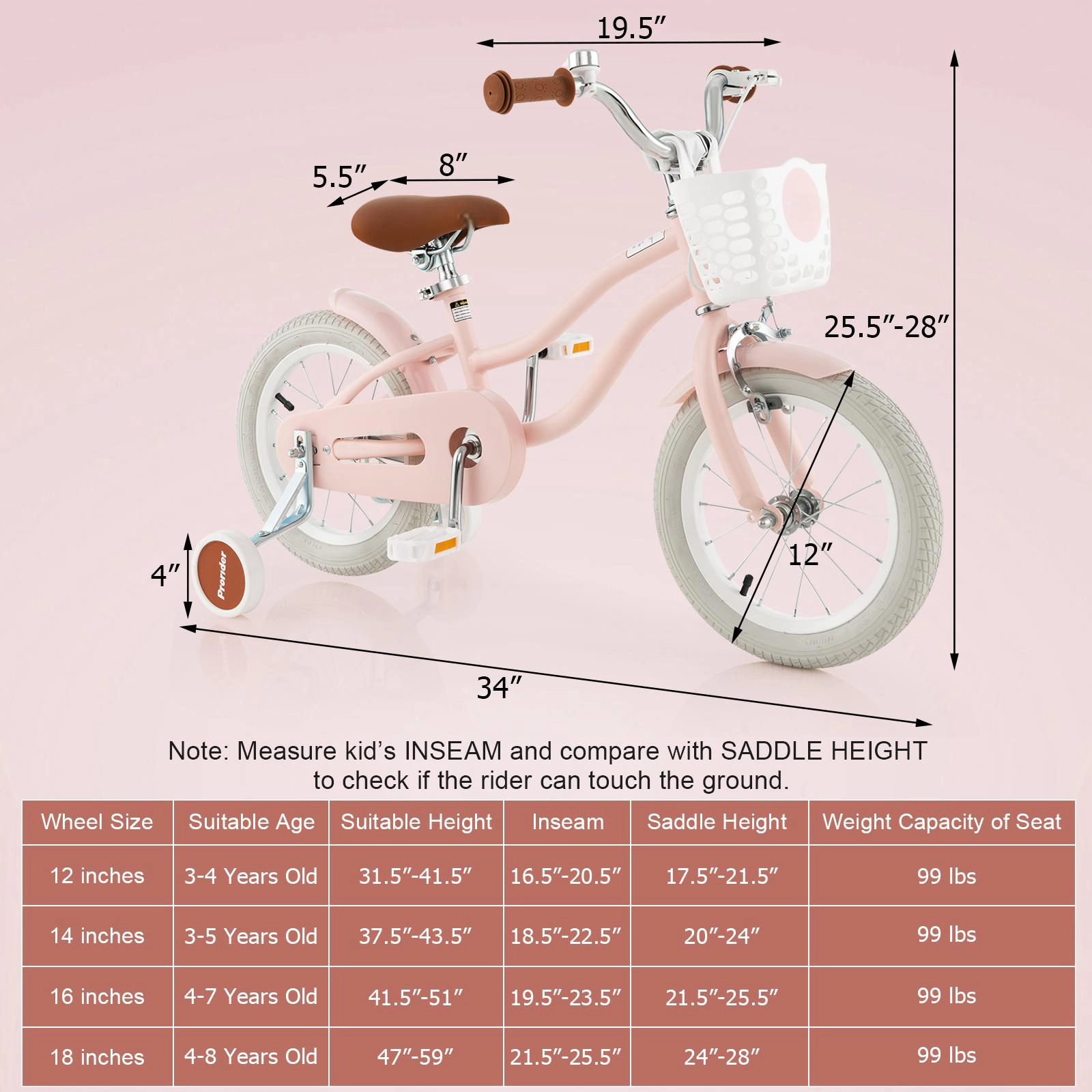 SUGIFT 12-In Kids Bike with Training Wheels 99-lb Seat Capacity Ages 3-4 Years 17.5-21.5-in Seat Height Pink 1-Piece