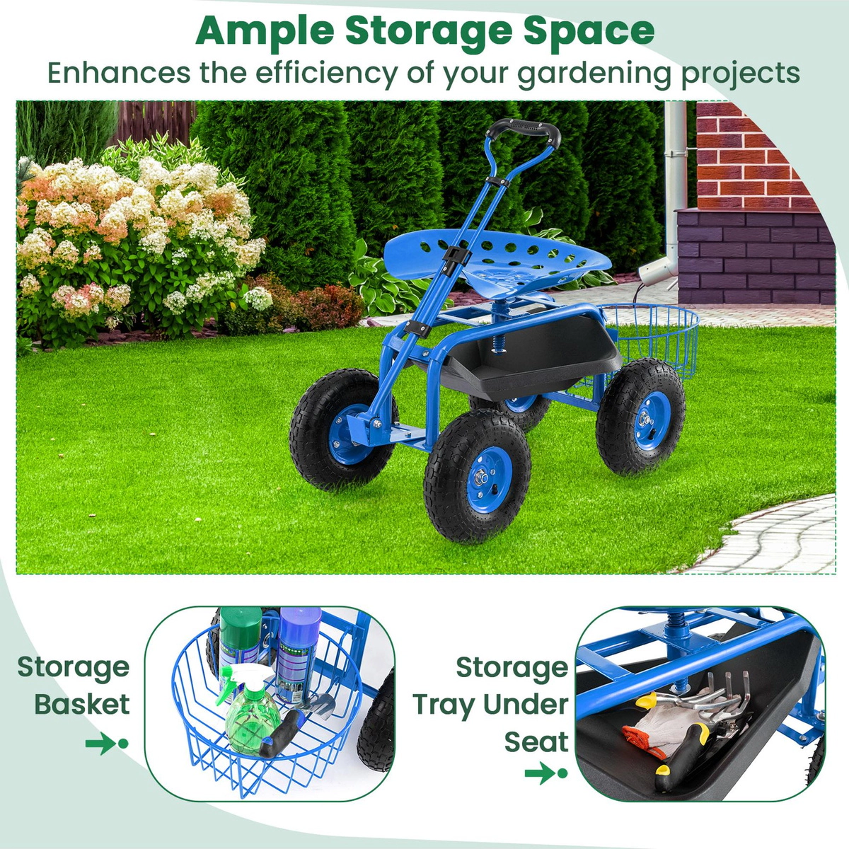SUGIFT Blue 330-lb Capacity Heavy Duty Rolling Steel Garden Cart Seat with 360 Swivel Stool and Tool Tray