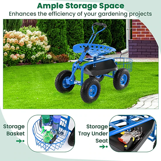 SUGIFT Blue 330-lb Capacity Heavy Duty Rolling Steel Garden Cart Seat with 360 Swivel Stool and Tool Tray