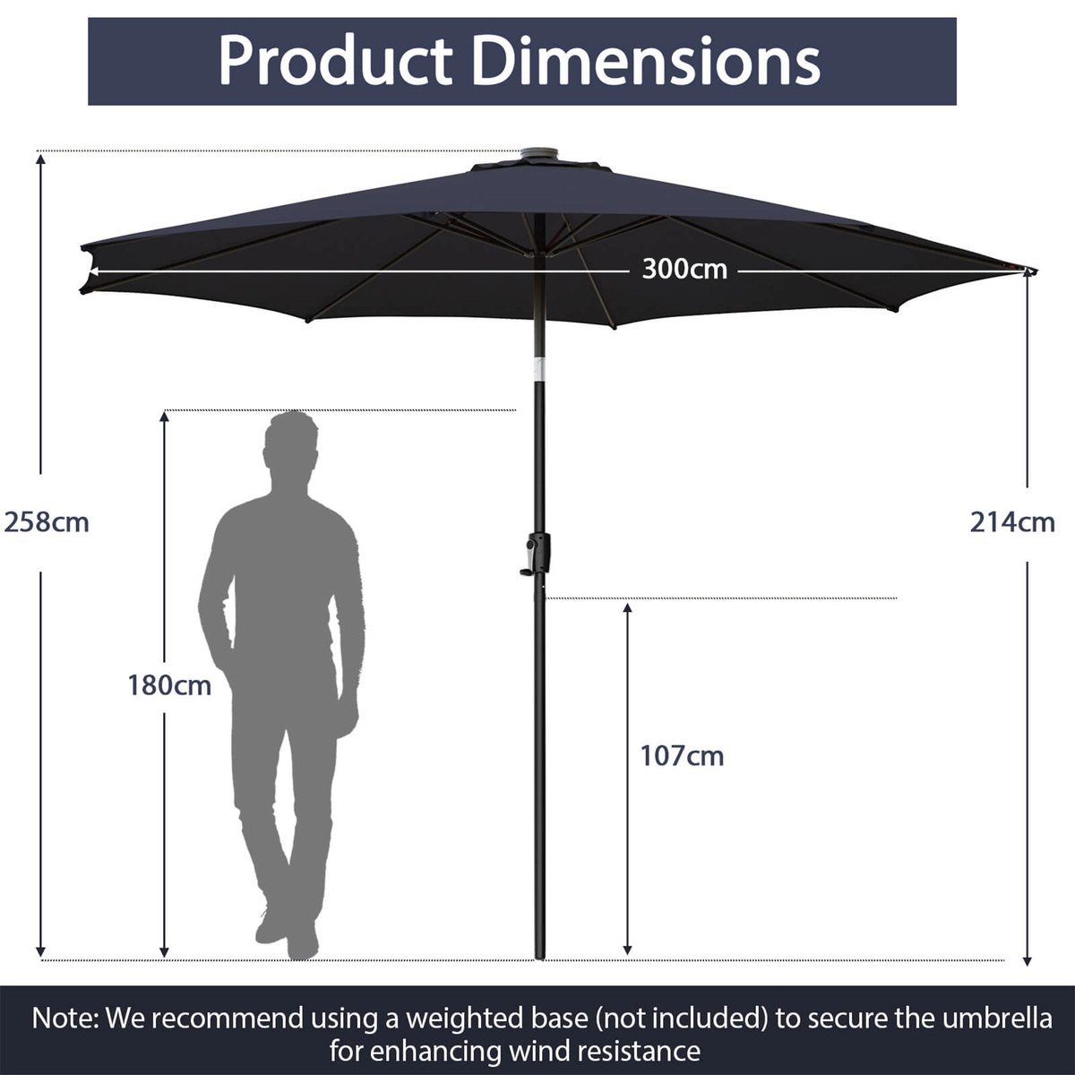 SUGIFT 10-Ft Solar Lighted Patio Umbrella with 112 LED Lights Crank Handle and Tilt 10 x 8.5 in Canopy Navy