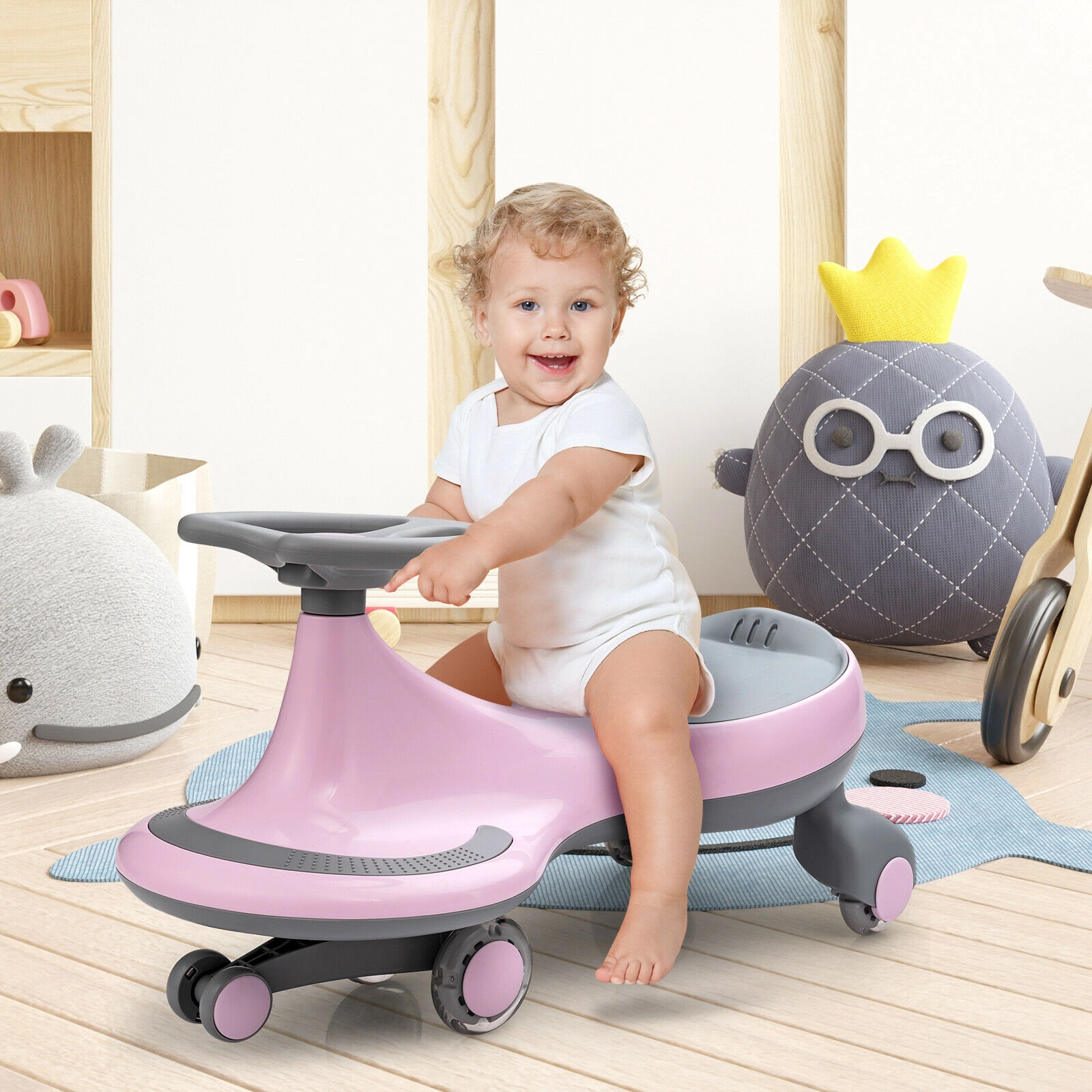 Wiggle Car Kids PU Flashing Wheels Seamless Body 27-in Twist Ride On No Pedals Ages 2+ 110-lb Capacity Pink