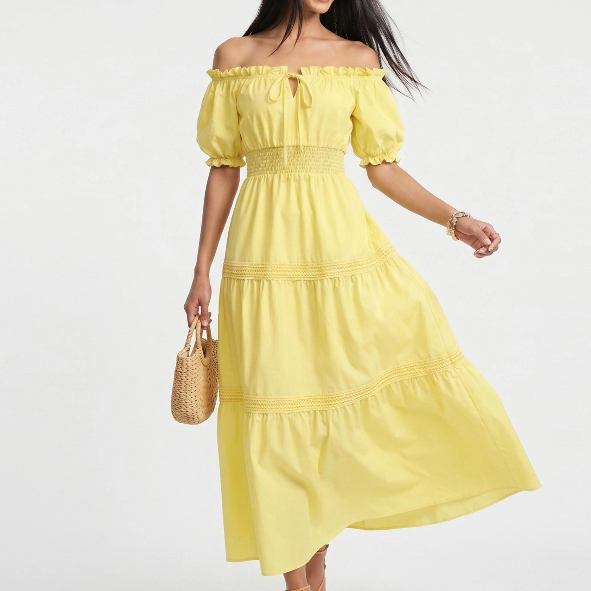 Anna-Kaci Women's Off Shoulder Smocked Waist Tiered Skirt Maxi Dress