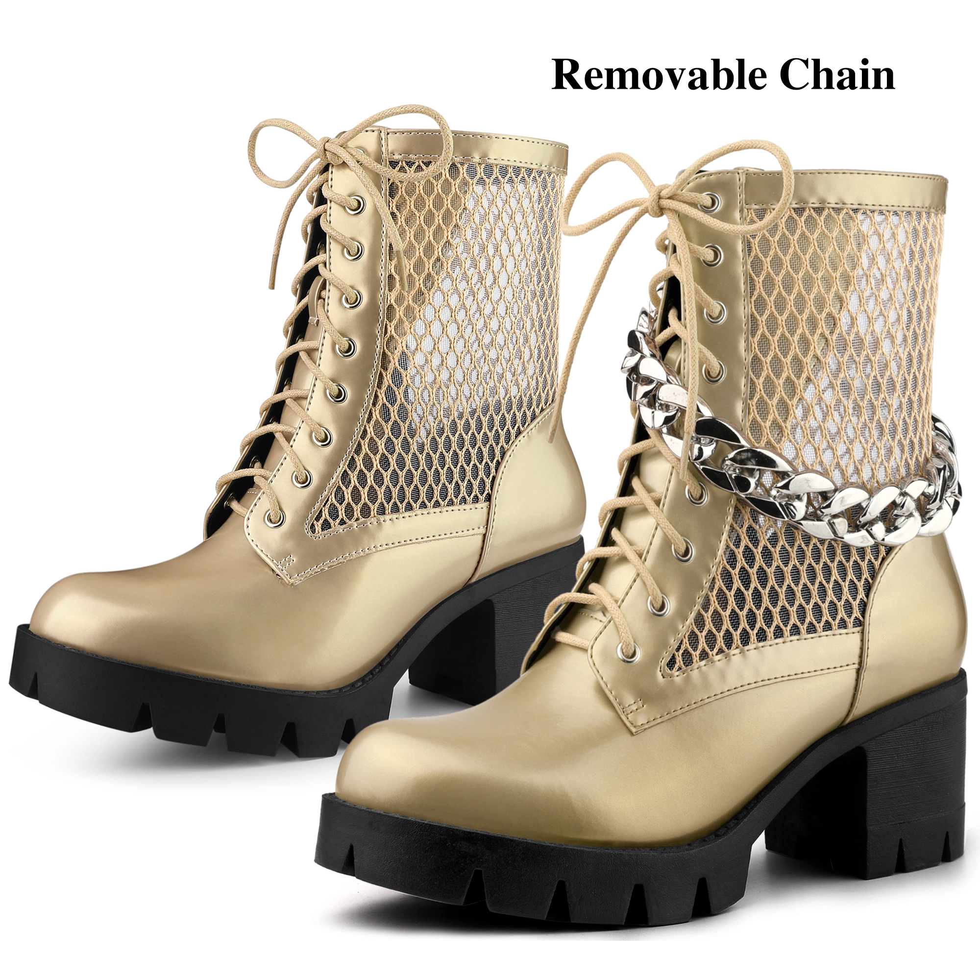 BLISSFUL STEP Women Mesh Lace Up Platform Lug Sole Chunky Heel Combat Boots