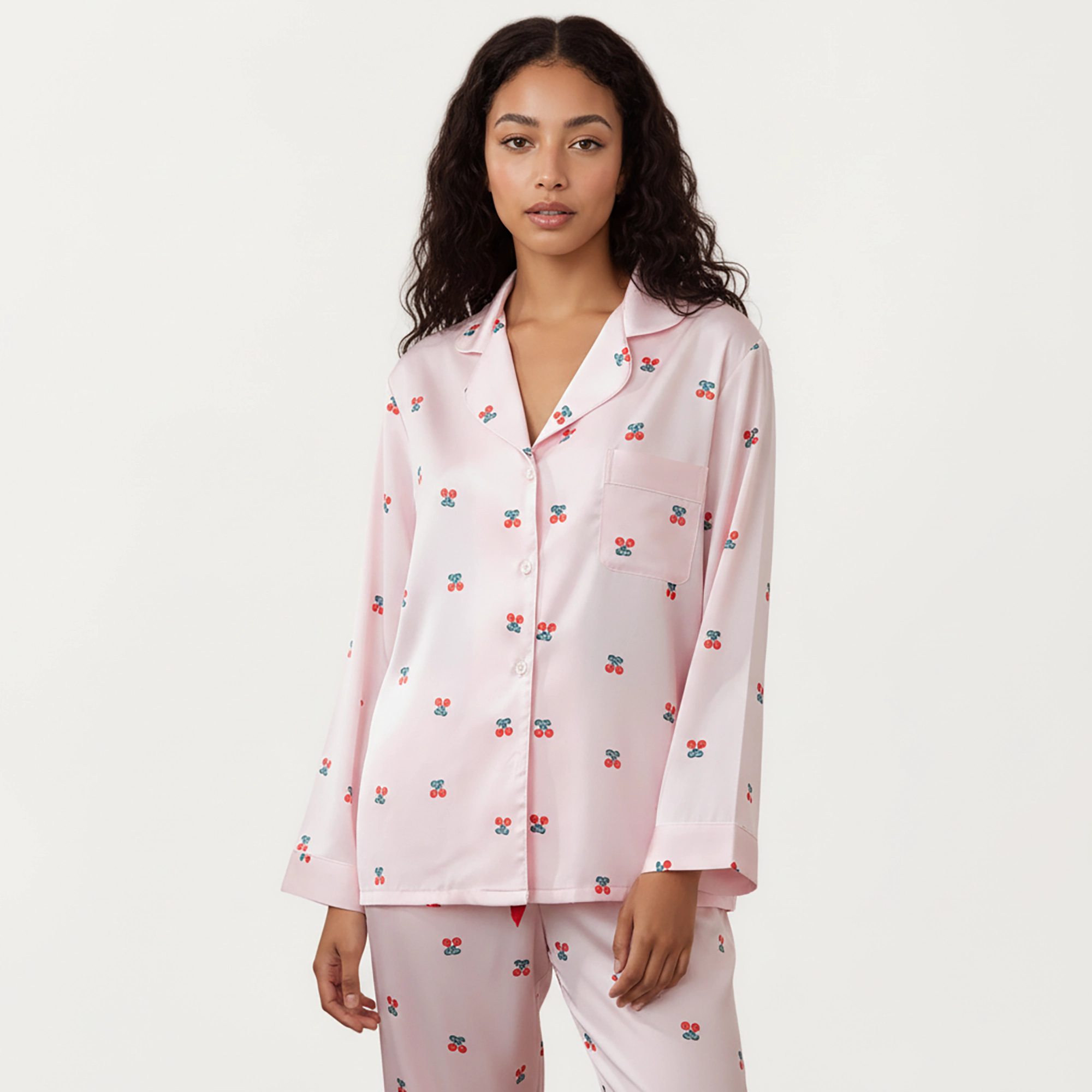 Anna-Kaci Women's Satin Long Sleeve Pajama Set with Mini Bow Print Button Up Top and Chest Pocket