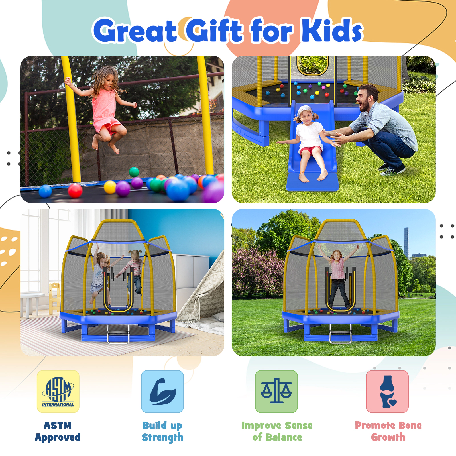 SUGIFT Blue and Yellow 7.3-ft Kids Trampoline with Enclosure Net Ladder and Slide 600-lb Frame Load