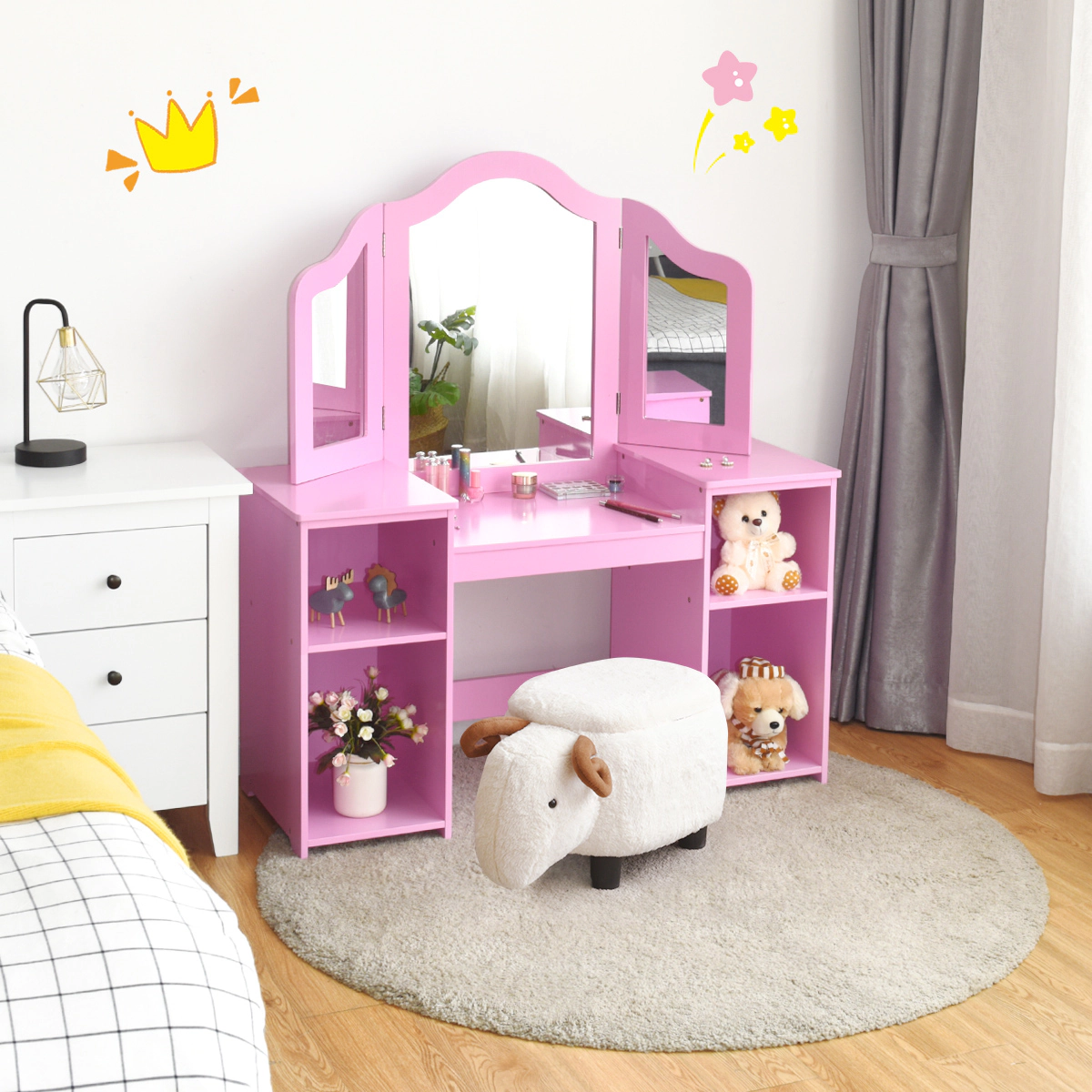 SUGIFT 42-Inch Kids Vanity Table Set with Tri-Folding Mirror and 4 Storage Compartments