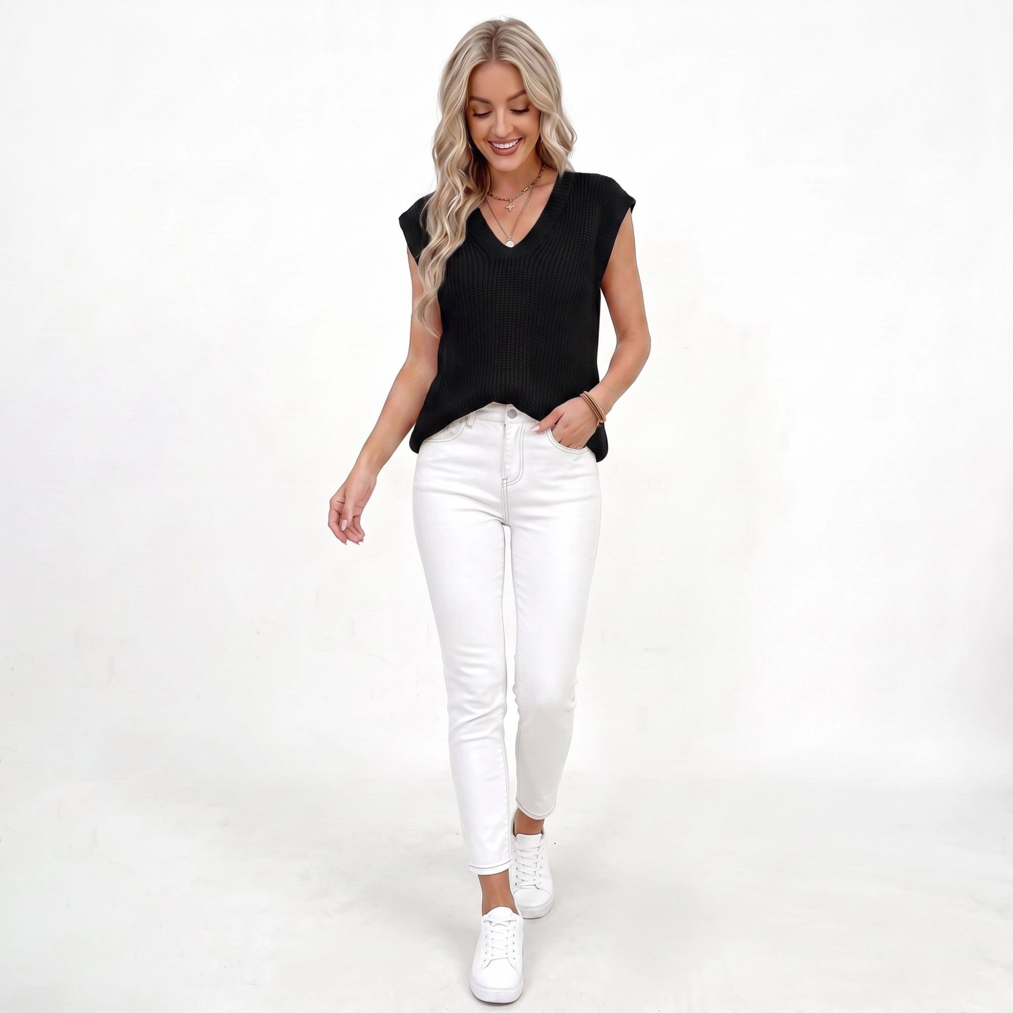 Anna-Kaci Women's V Neck Sweater Vest Sleeveless Textured Knit Pullover Top
