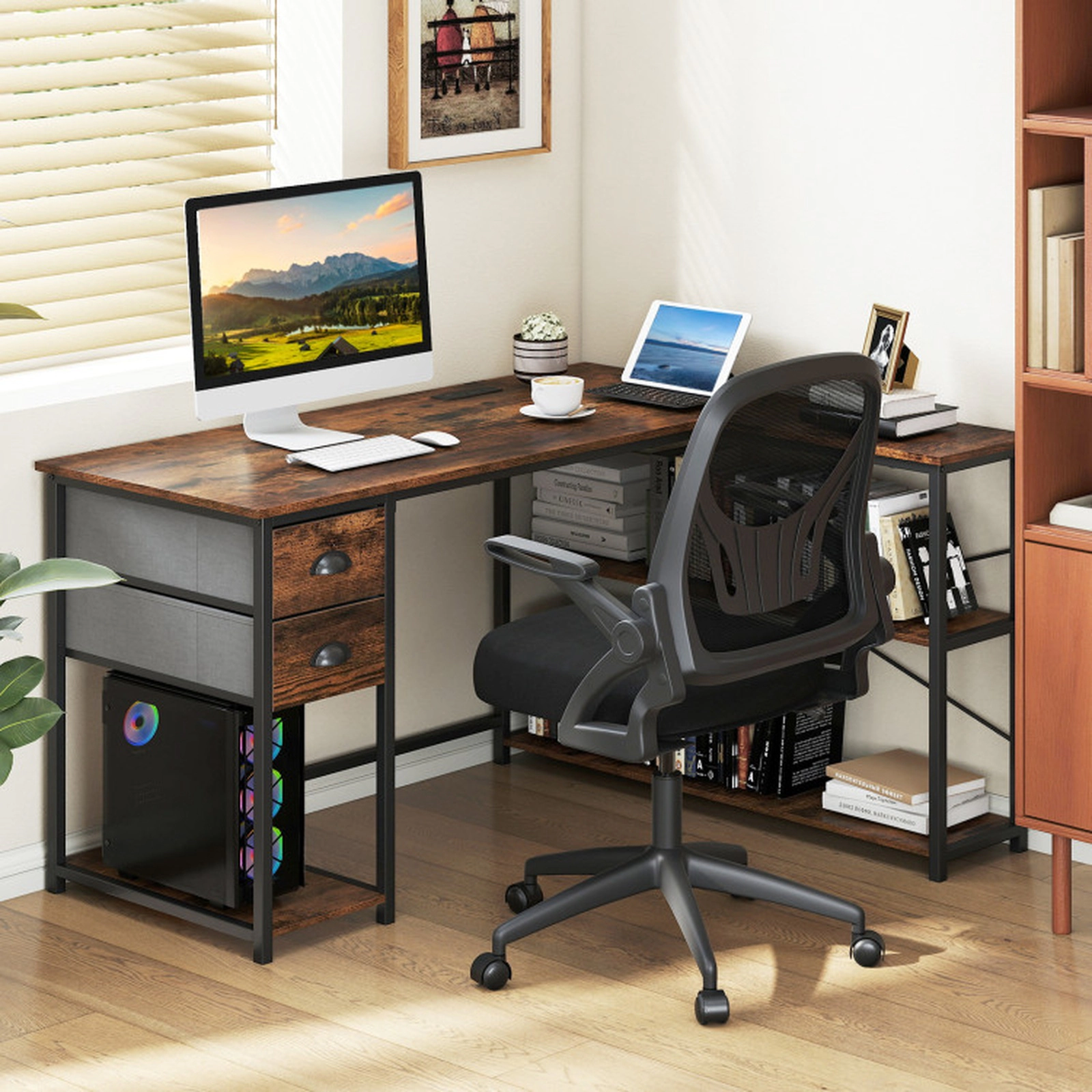 SUGIFT L Shaped Computer Desk with Charging Station Corner Workstation 110-lb Tabletop Capacity