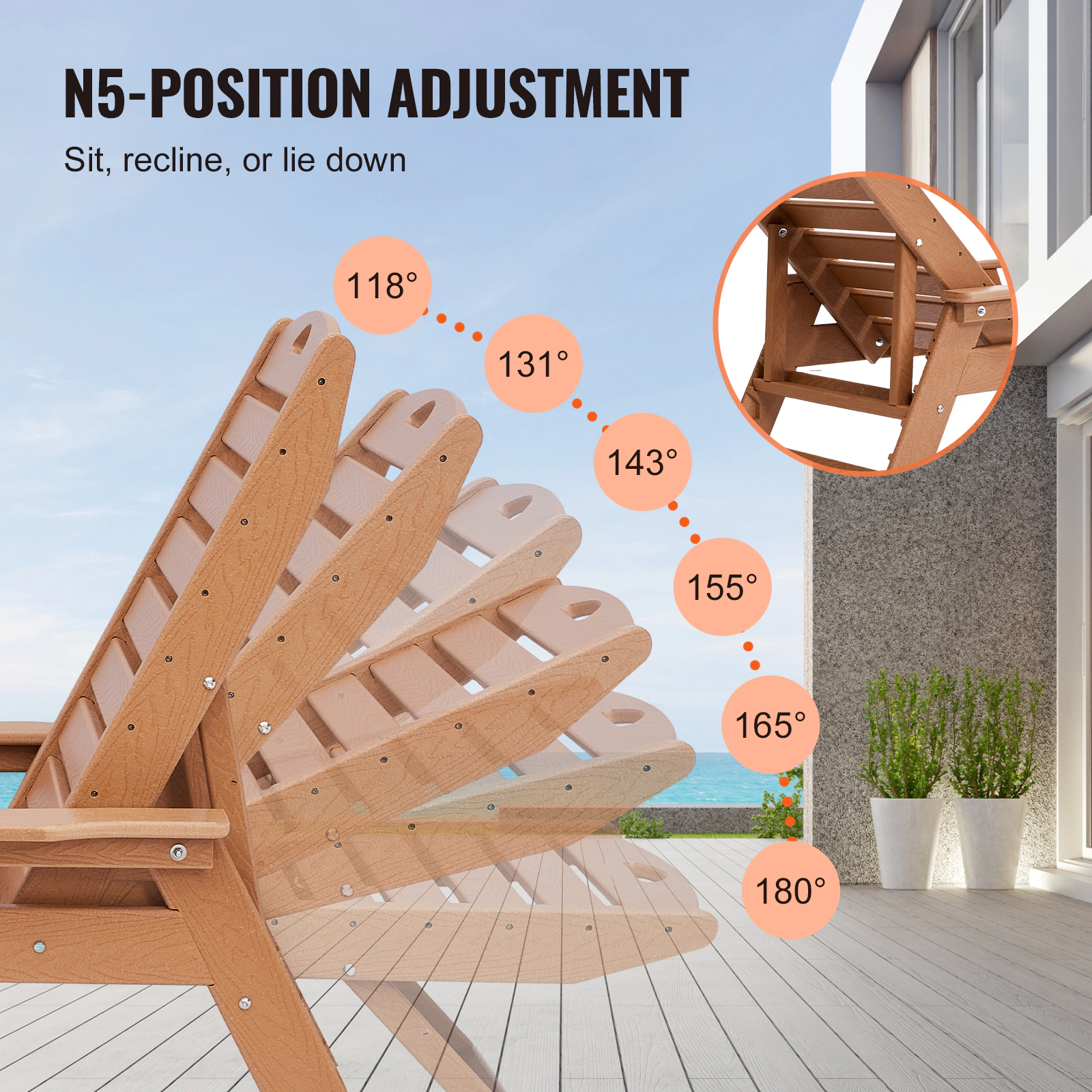 HONGGE Chaise Lounge Chair 400 lbs Weight Capacity 6 Positions Adjustable Patio Outdoor HDPE