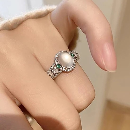 Vintage Oval Cabochon Moonstone Ring With Emerald Accents Pave Cubic Zirconia