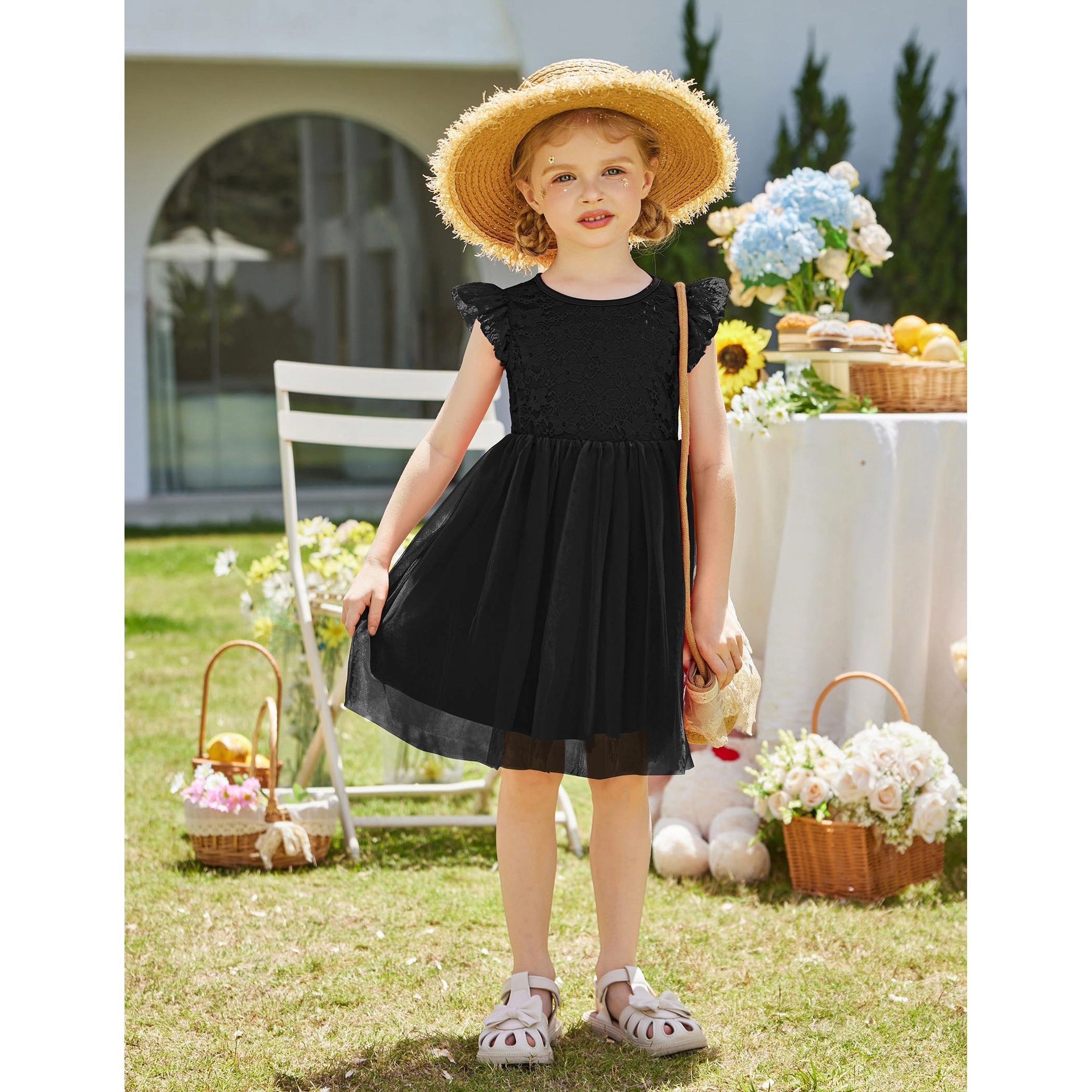 Arshiner Toddler Lace Tutu Dresses Ruffle Sleeve 3 Layers Tulle Flower Wedding Birthday Summer