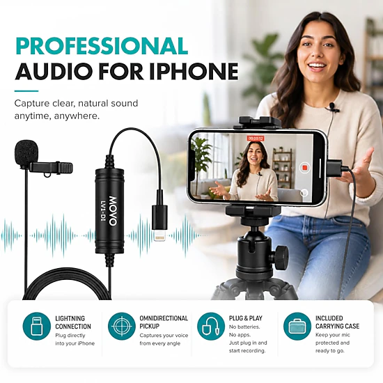 Movo LV1-DI Lavalier Microphone for iPhone and iPad – MFi Certified Lightning Clip-On Mic – 20ft Cable