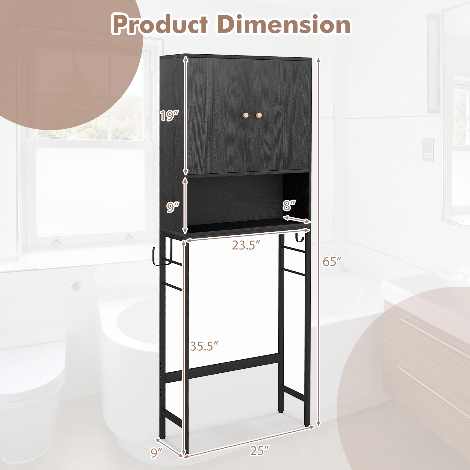 SUGIFT Over the Toilet Storage Cabinet Black with 2 Doors Side Hooks and Adjustable Shelf