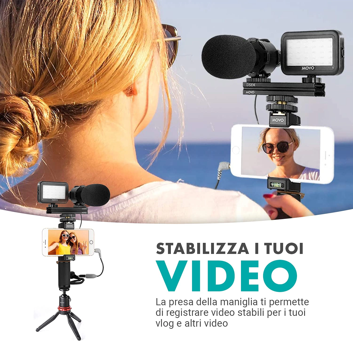 Movo V7+ YouTube Starter Kit - Vlogging Kit for iPhone with Tripod Grip Stereo Microphone LED Light and Remote