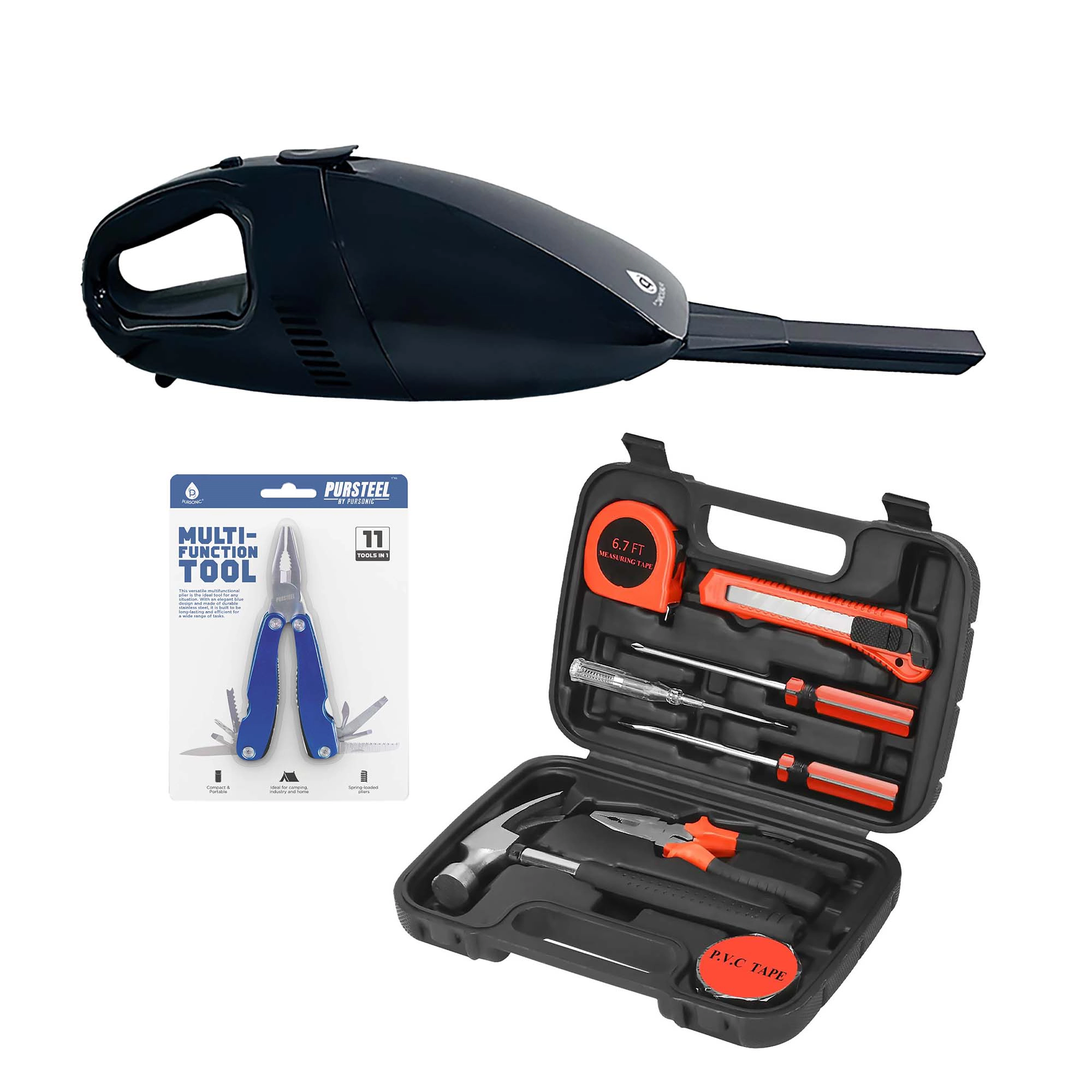 Pursonic Unisex Car Care & DIY Tool Essentials Car Vacuum, Tool Kit & Multifunction Tool Bundle