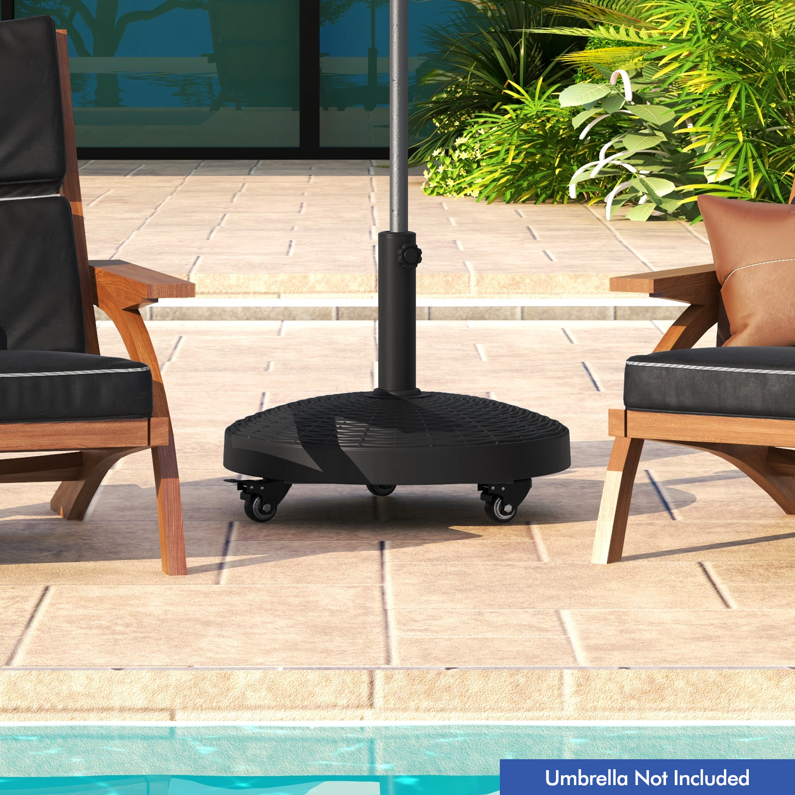 Slickblue Rolling Patio Umbrella Stand Base 50 lb Resin Steel 4 Swivel Lock Wheels Deck Garden