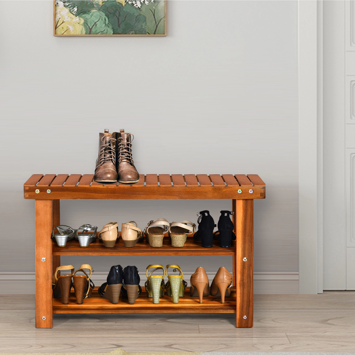 SlickBlue Unisex 3-Tier Shoe Rack Bench, Teak Wood Entryway Organizer