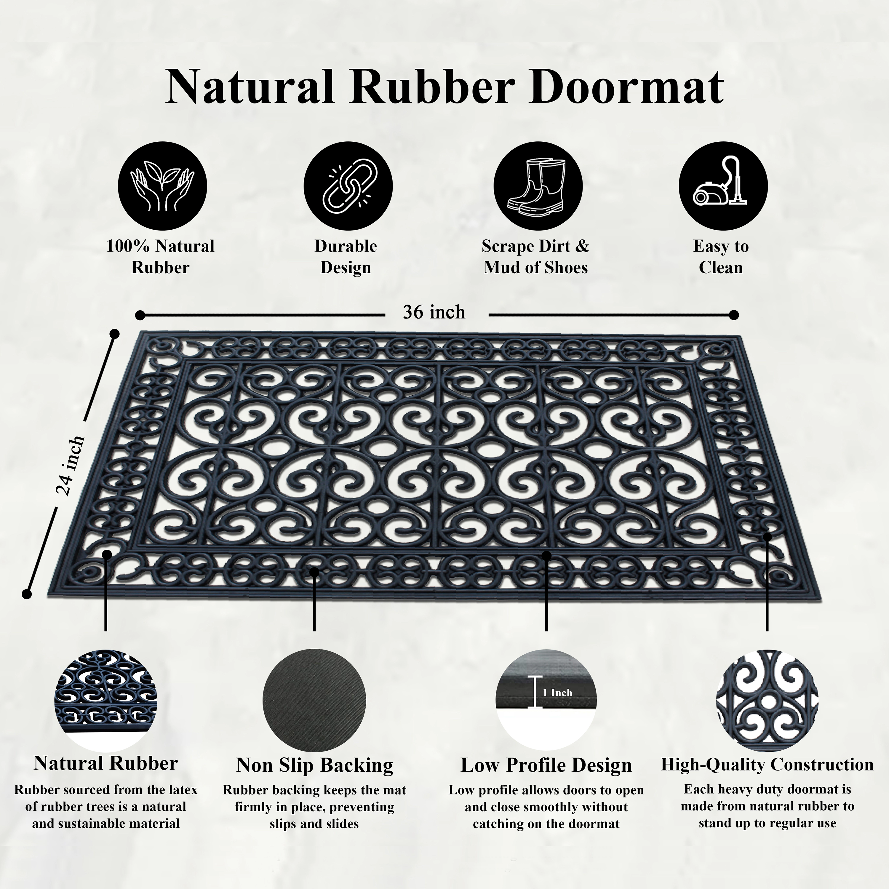 A1 Home Collection 9 lb Heavy Duty Rubber Doormat Non-Slip Outdoor Dirt Scraper Mat, Black Paisley, 24 x 36 Inches
