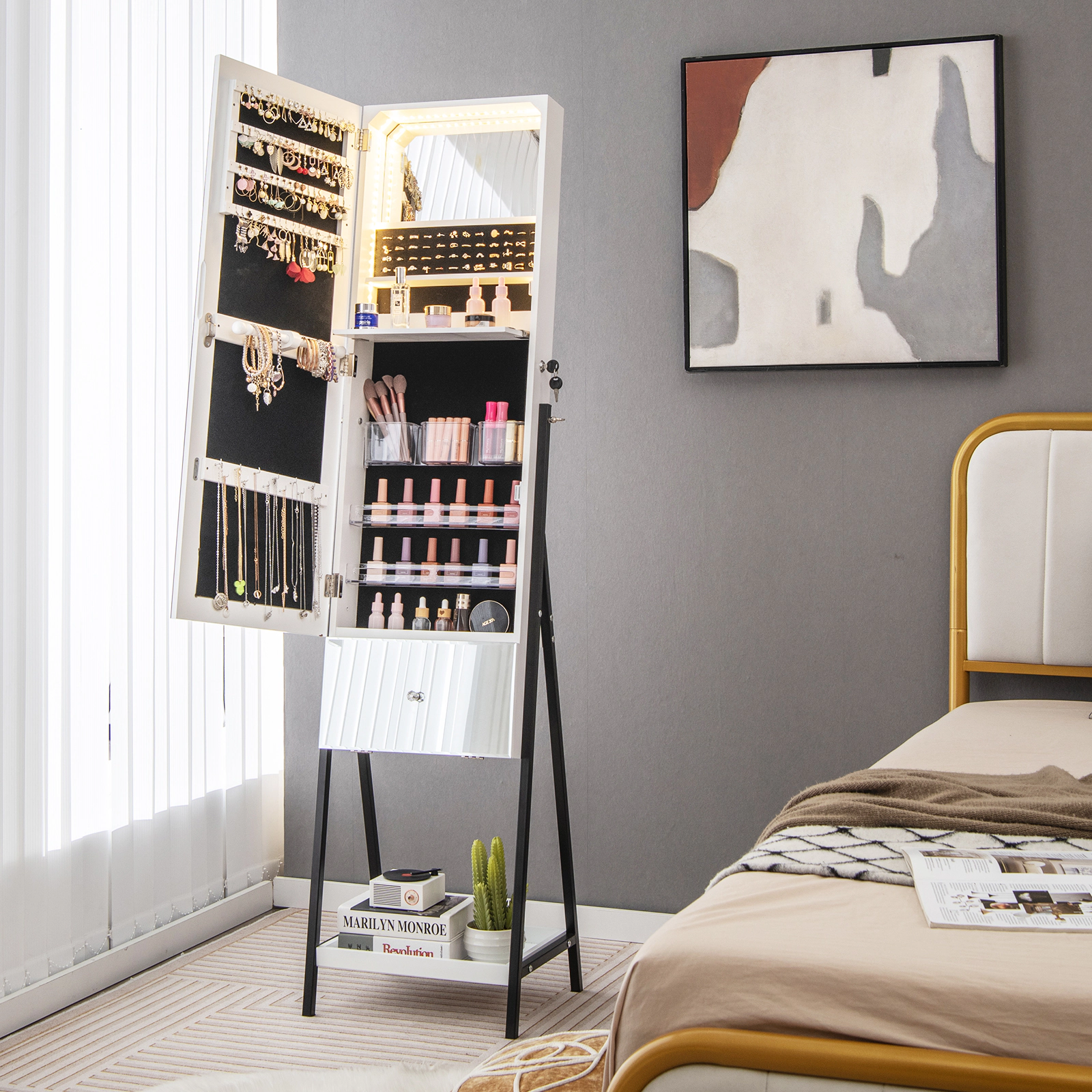 SUGIFT Lockable Freestanding Jewelry Organizer Cabinet with Full-Length Frameless Mirror and LED Makeup Mirror White