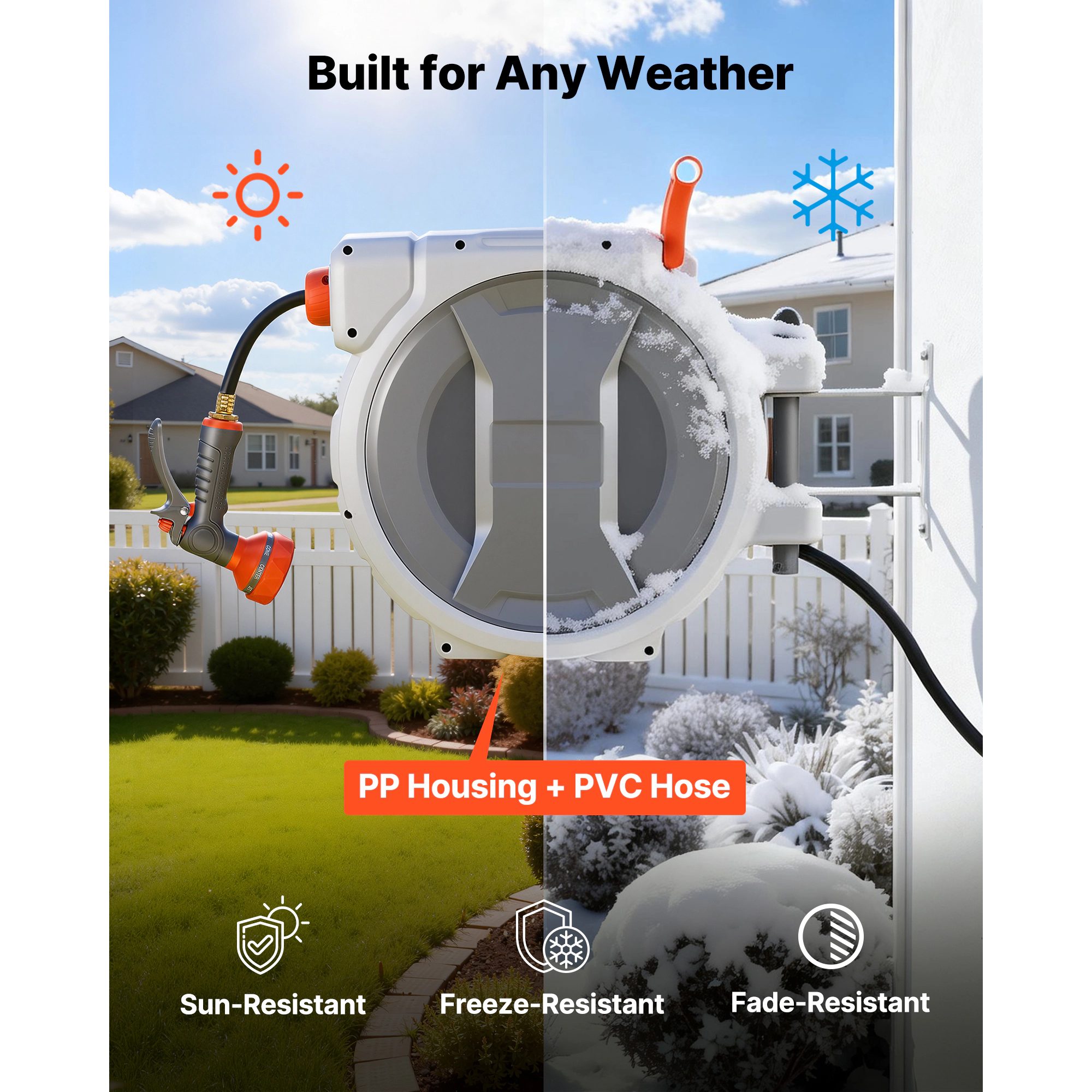 HONGGE Retractable Garden Hose Reel 1/2 in Wall Mounted Hose Reel with 9-Function Sprayer Nozzle and 180° Swivel
