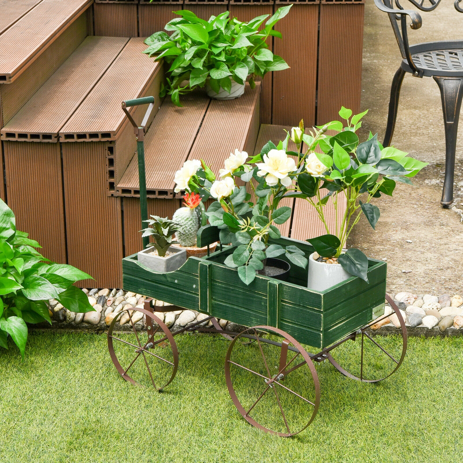 SUGIFT Green Wooden Wagon Planter with Antique Metal Wheels 24.5-in W 13.5-in D 24-in H 33-lb Cart Capacity