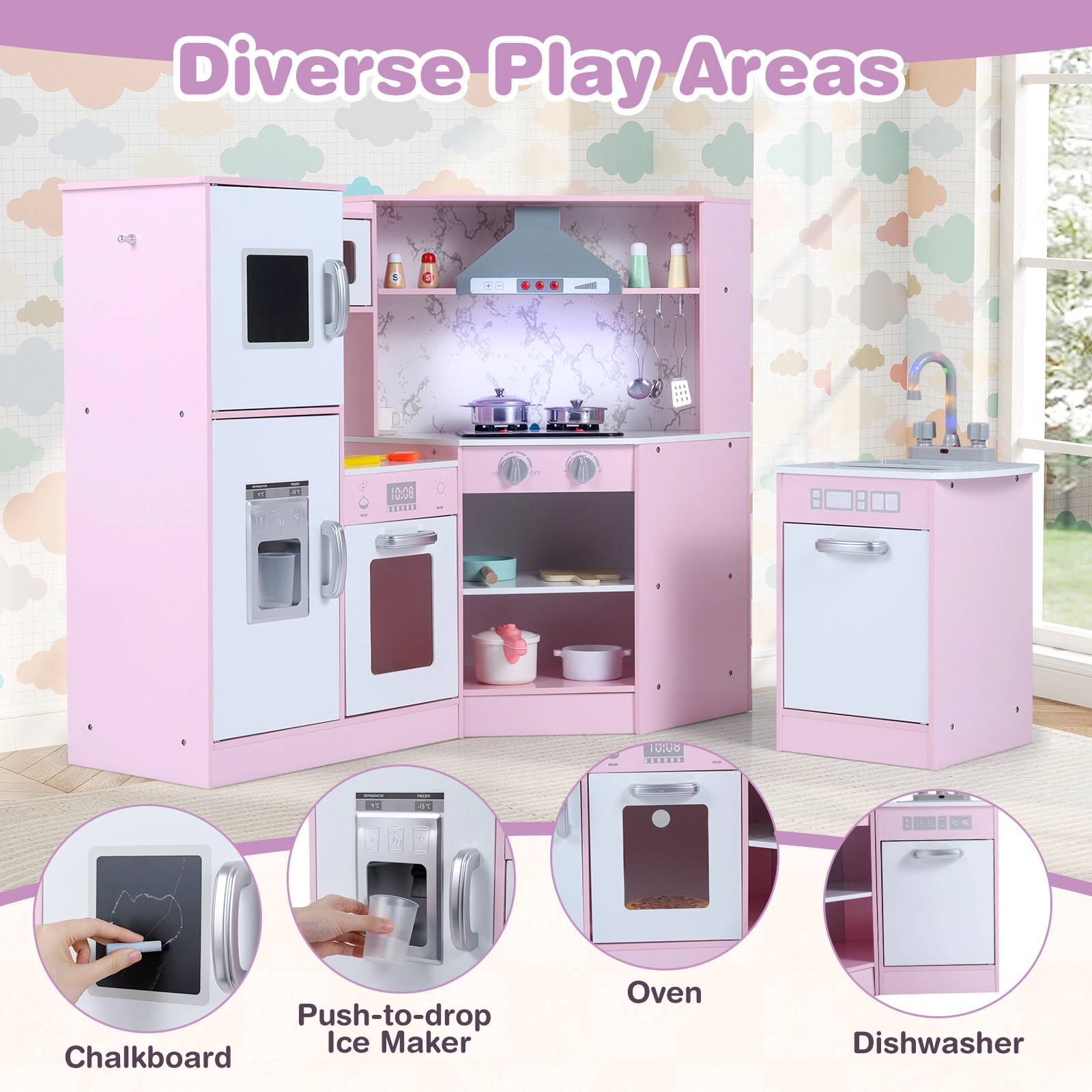Corner Pretend Play Kitchen for Toddlers Chef Hat Apron Rotary Faucet Basin 17.5-in Countertop 39.5-in x 19.5-in x 32-in