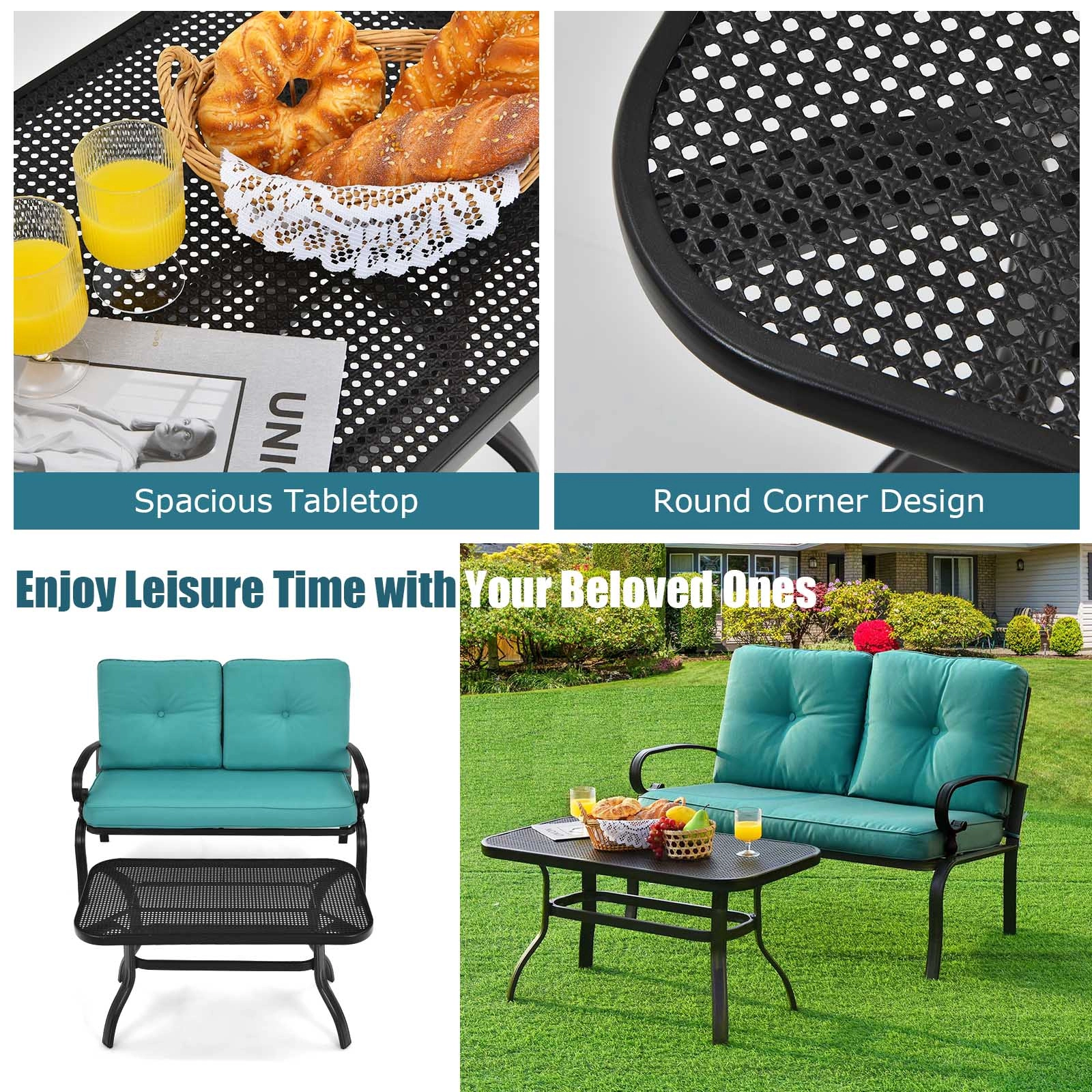 SUGIFT 2-Piece Black Steel Patio Loveseat and Coffee Table Set