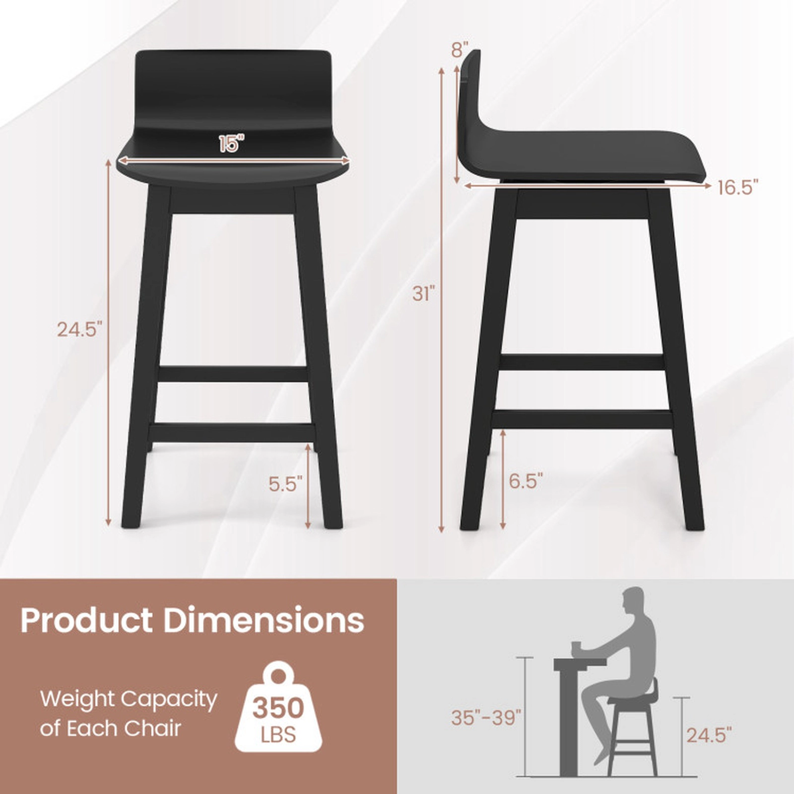 SUGIFT 24.5-in Seat Height Swivel Wooden Bar Stools with Low Back 350-lb Capacity Set of 4 Walnut/Black/White