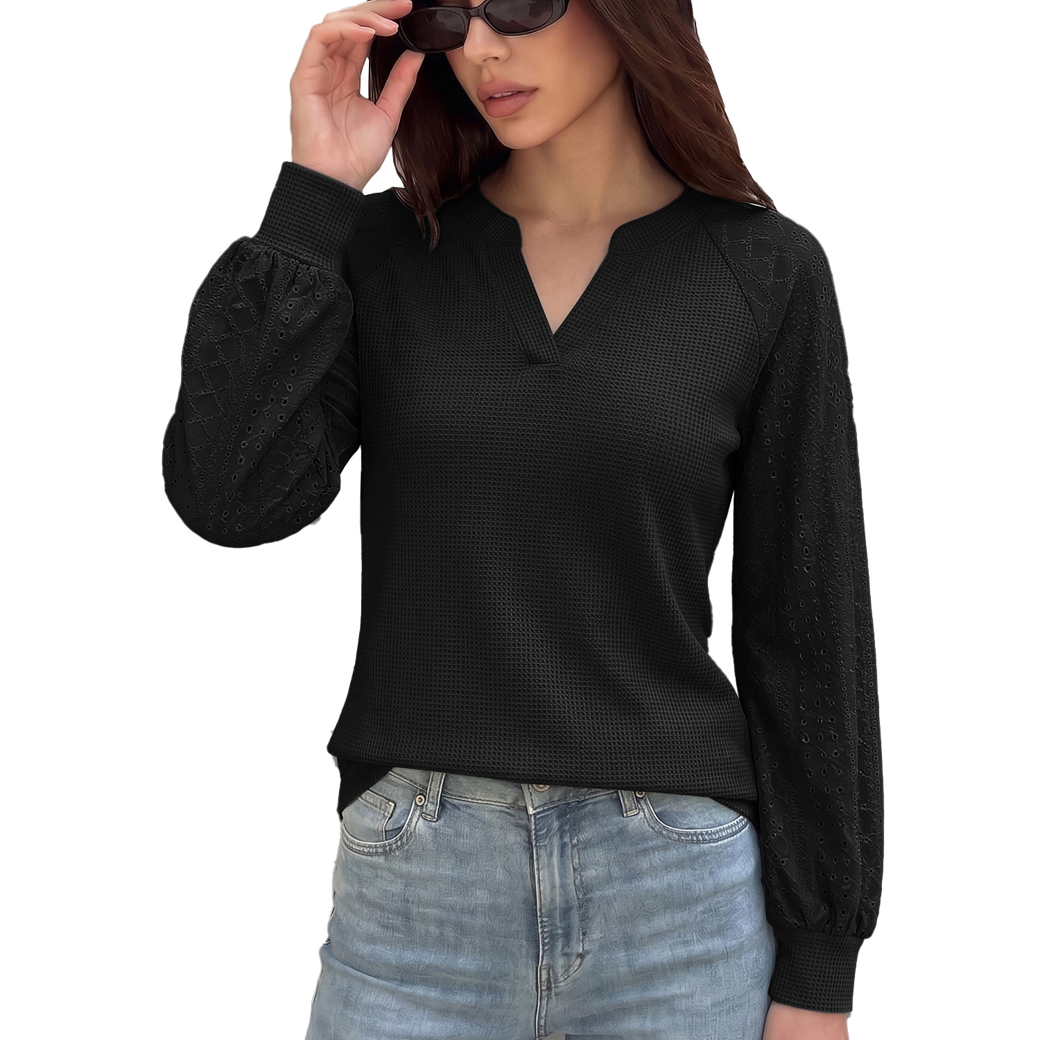 Enchanted Funland Womens Notched V‑Neck Waffle Knit Eyelet Raglan Long Sleeve Tops