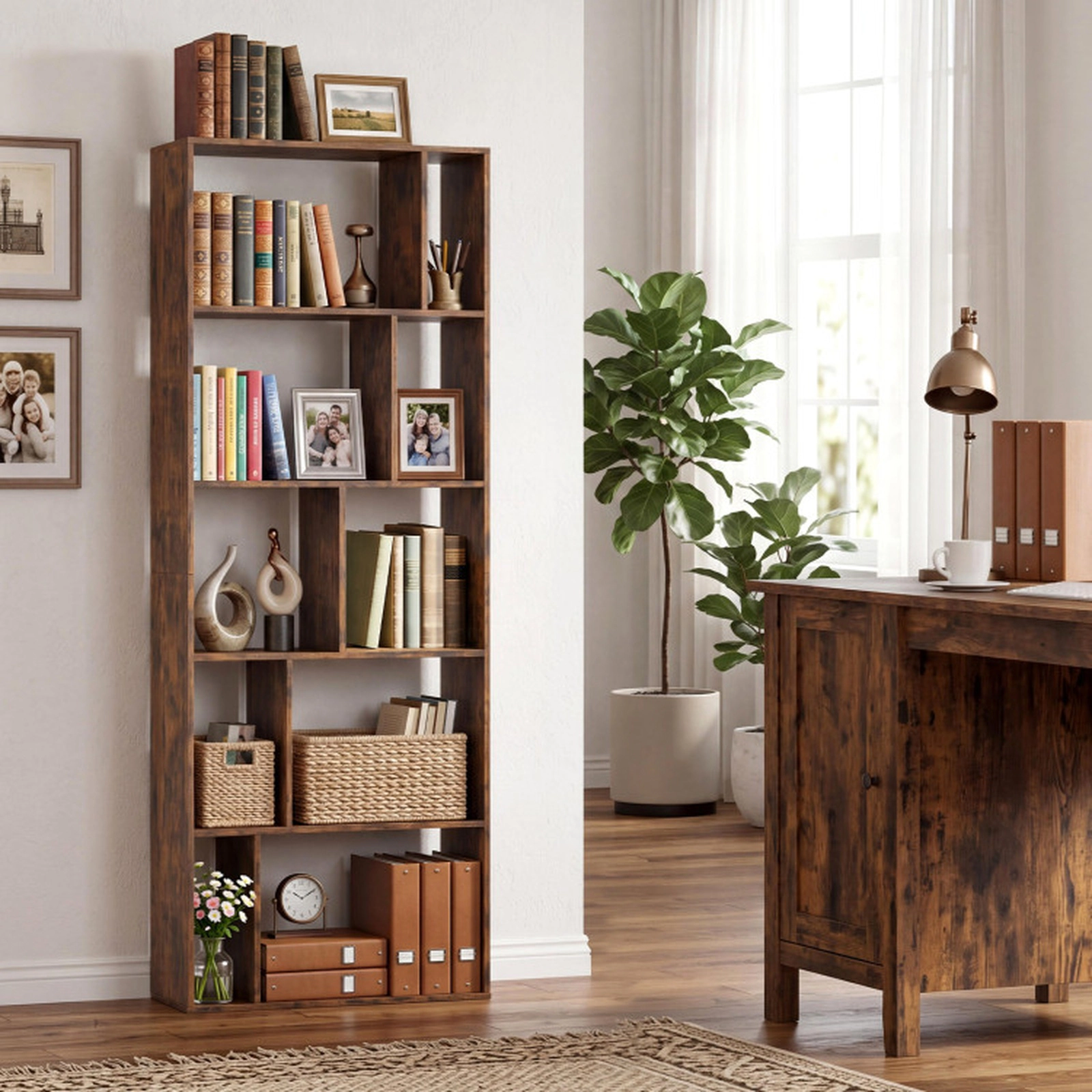 SUGIFT 5-Tier Modern Bookshelf with Open Back and 10 Storage Cubes 22-lb Cube Capacity 65-in Tall Brown