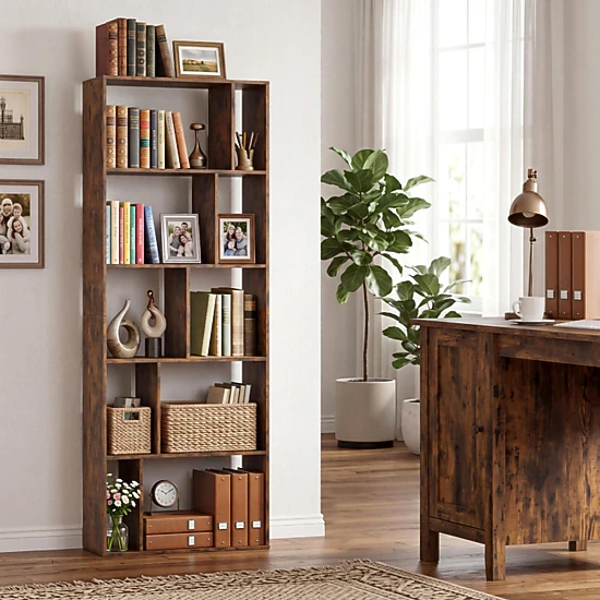 SUGIFT 5-Tier Modern Bookshelf with Open Back and 10 Storage Cubes 22-lb Cube Capacity 65-in Tall Brown