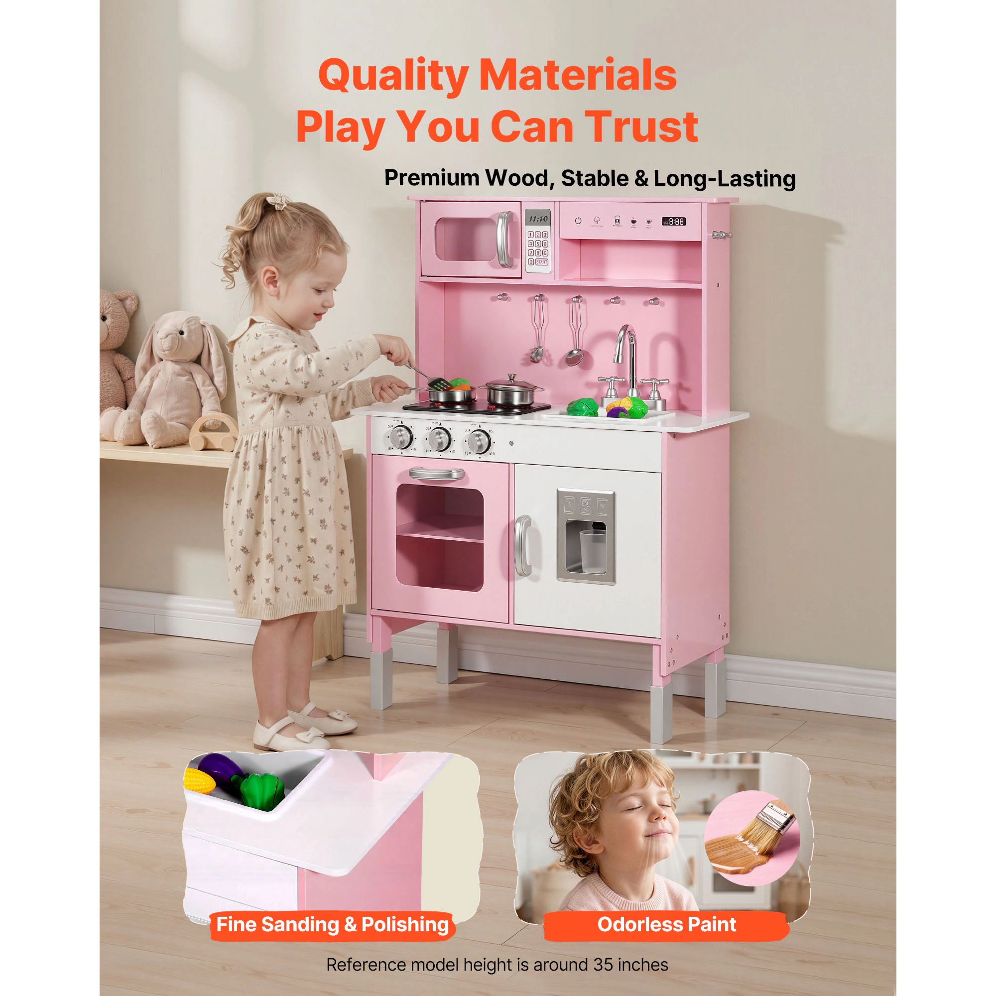 HONGGE Play Kitchen for Kids, Wooden, Kids Playset with Real Lights & Sounds, Food Cookware